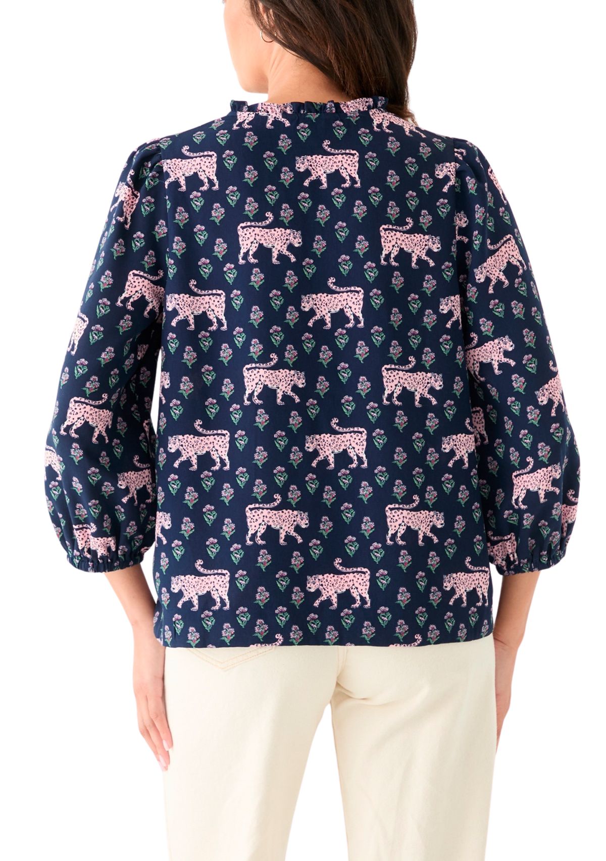 Womens 3/4 Sleeve Shirred Shoulder Printed Peasant Top