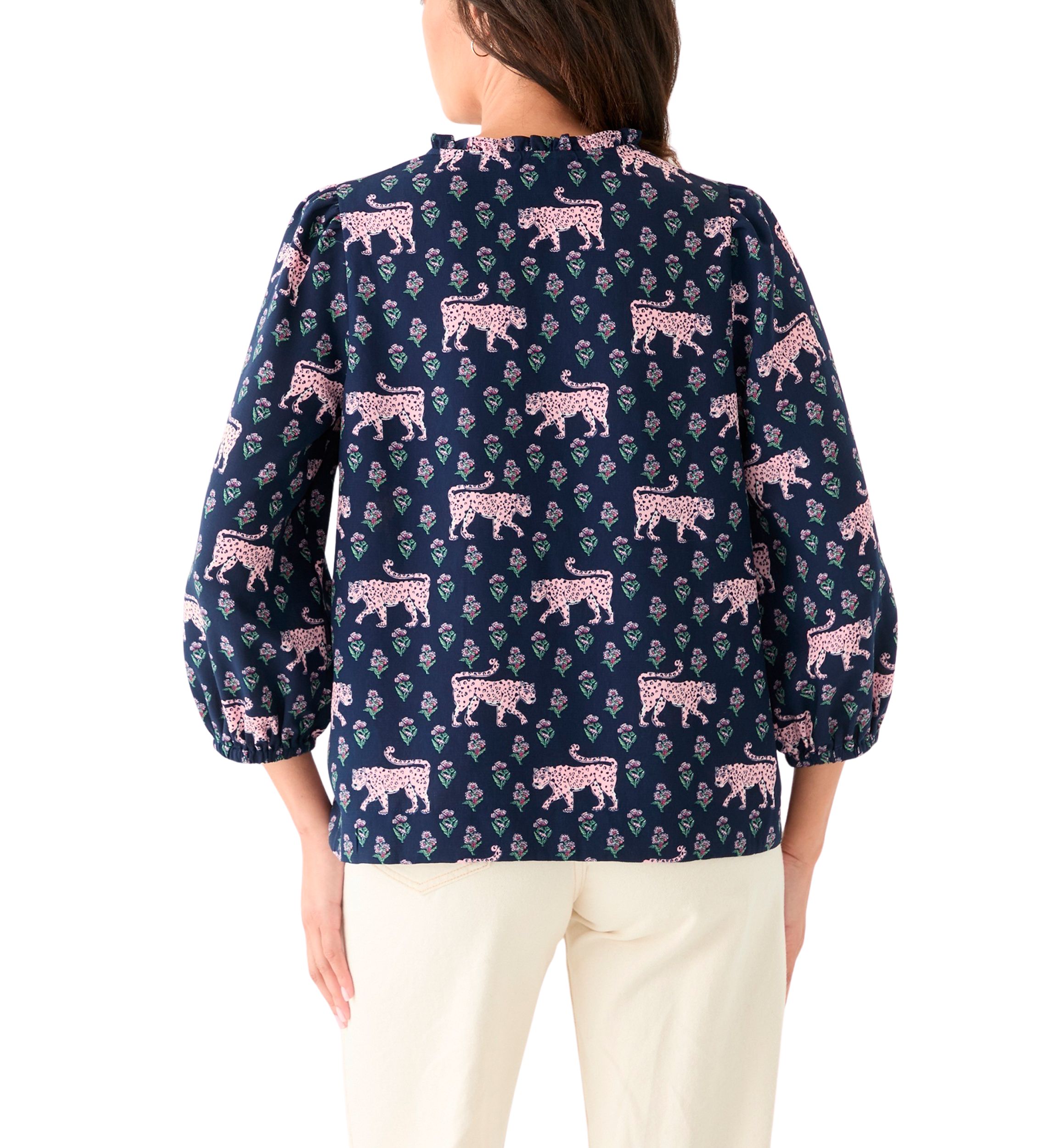 Womens 3/4 Sleeve Shirred Shoulder Printed Peasant Top