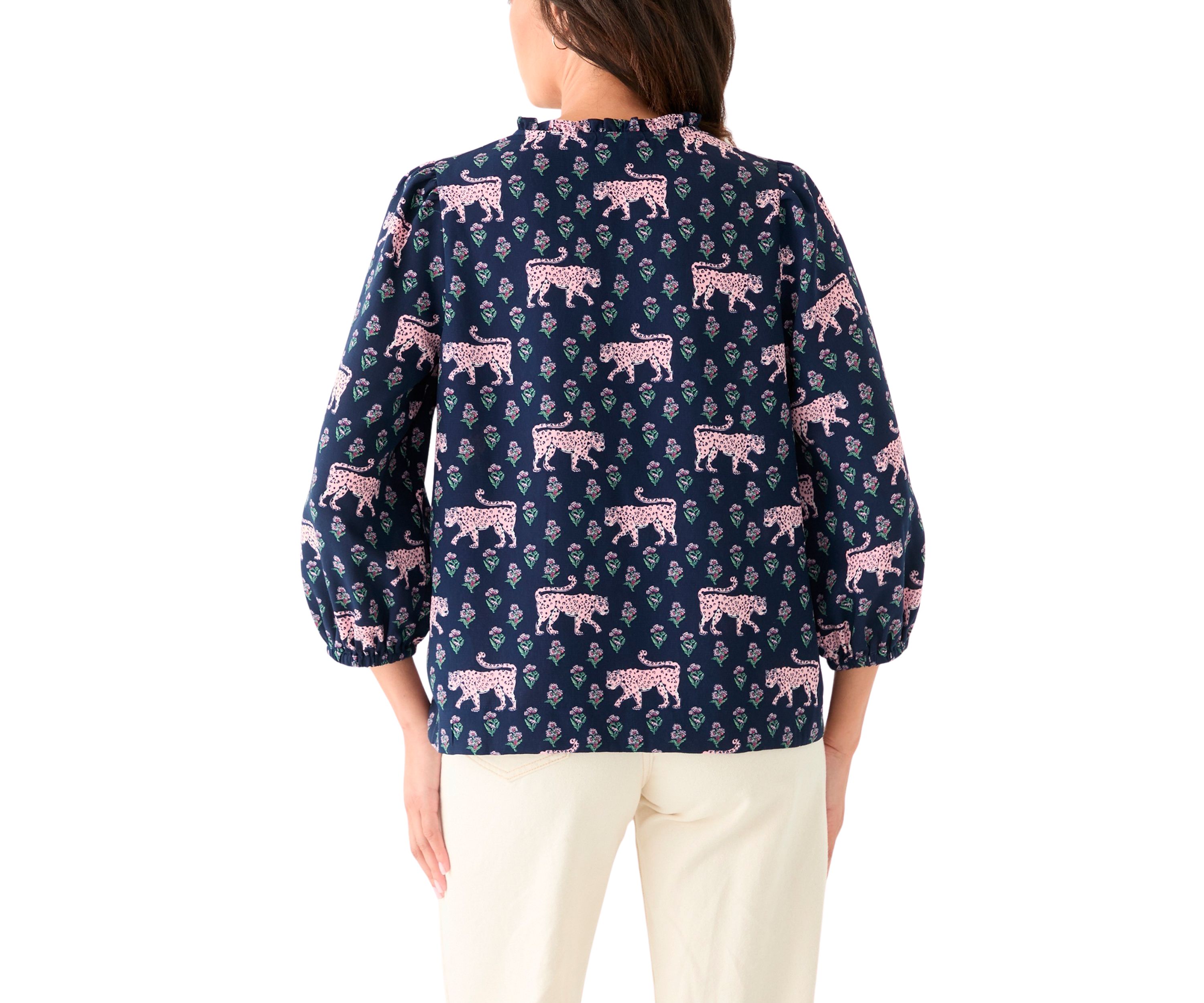 Womens 3/4 Sleeve Shirred Shoulder Printed Peasant Top