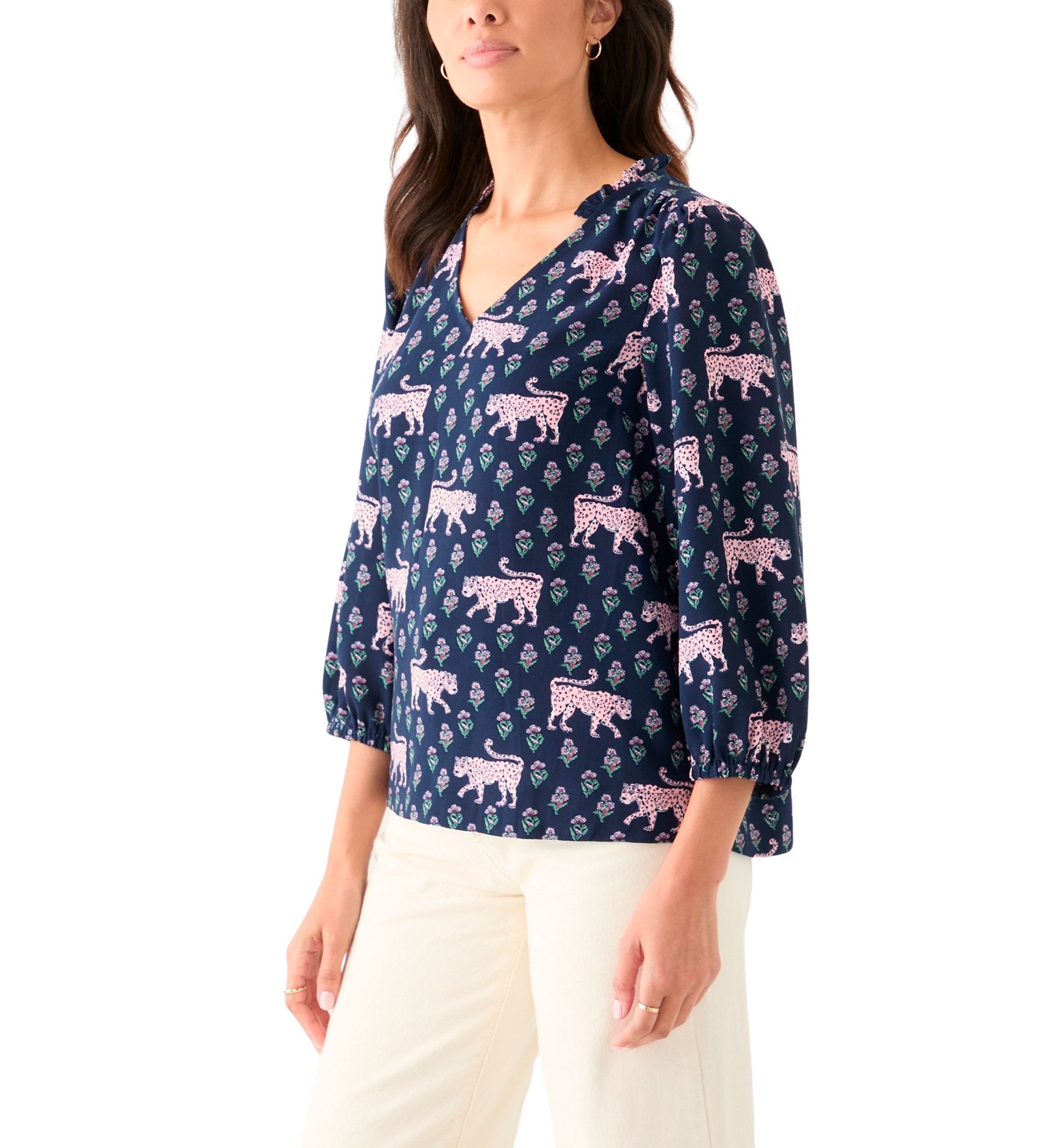 Womens 3/4 Sleeve Shirred Shoulder Printed Peasant Top