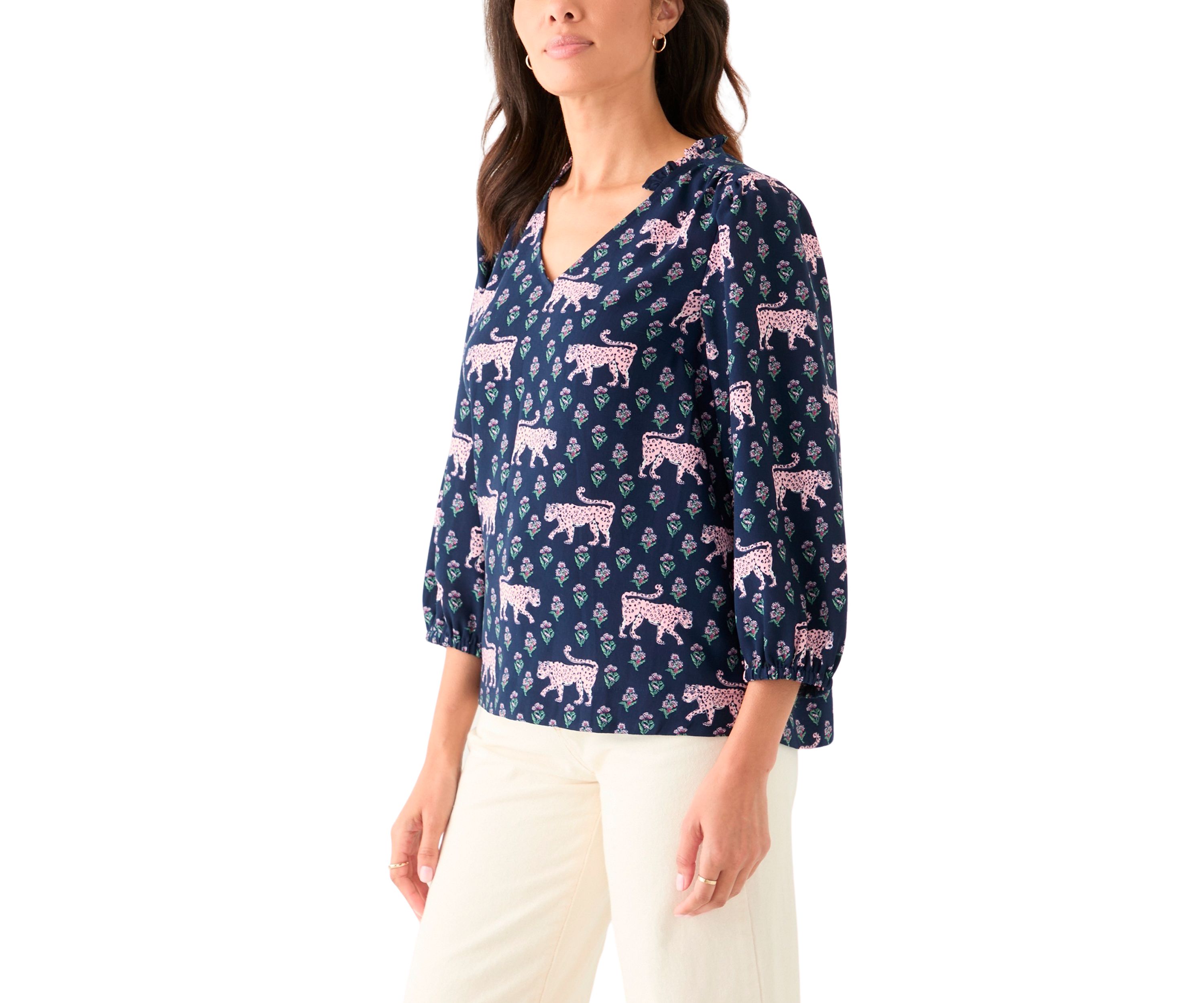 Womens 3/4 Sleeve Shirred Shoulder Printed Peasant Top