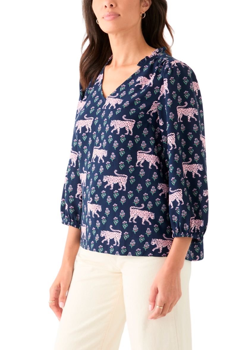Womens 3/4 Sleeve Shirred Shoulder Printed Peasant Top