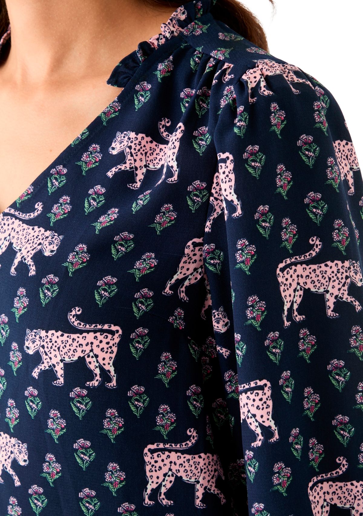 Womens 3/4 Sleeve Shirred Shoulder Printed Peasant Top