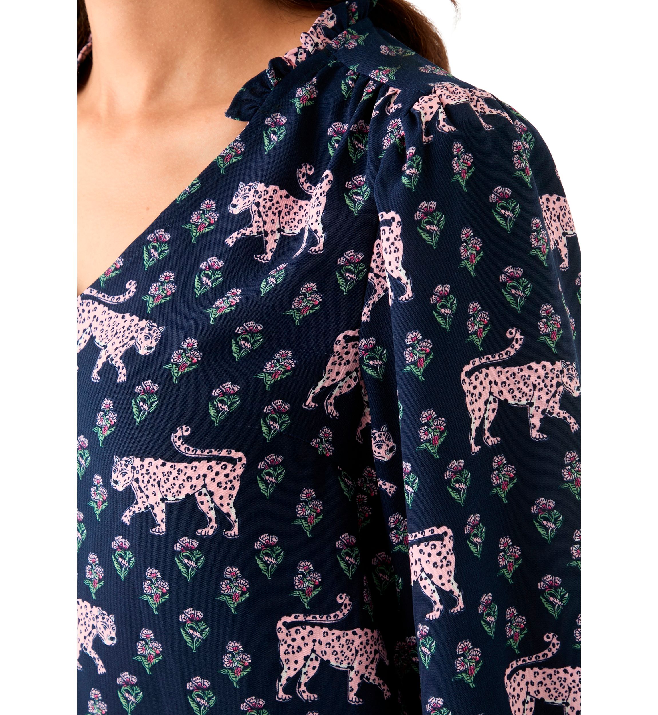Womens 3/4 Sleeve Shirred Shoulder Printed Peasant Top
