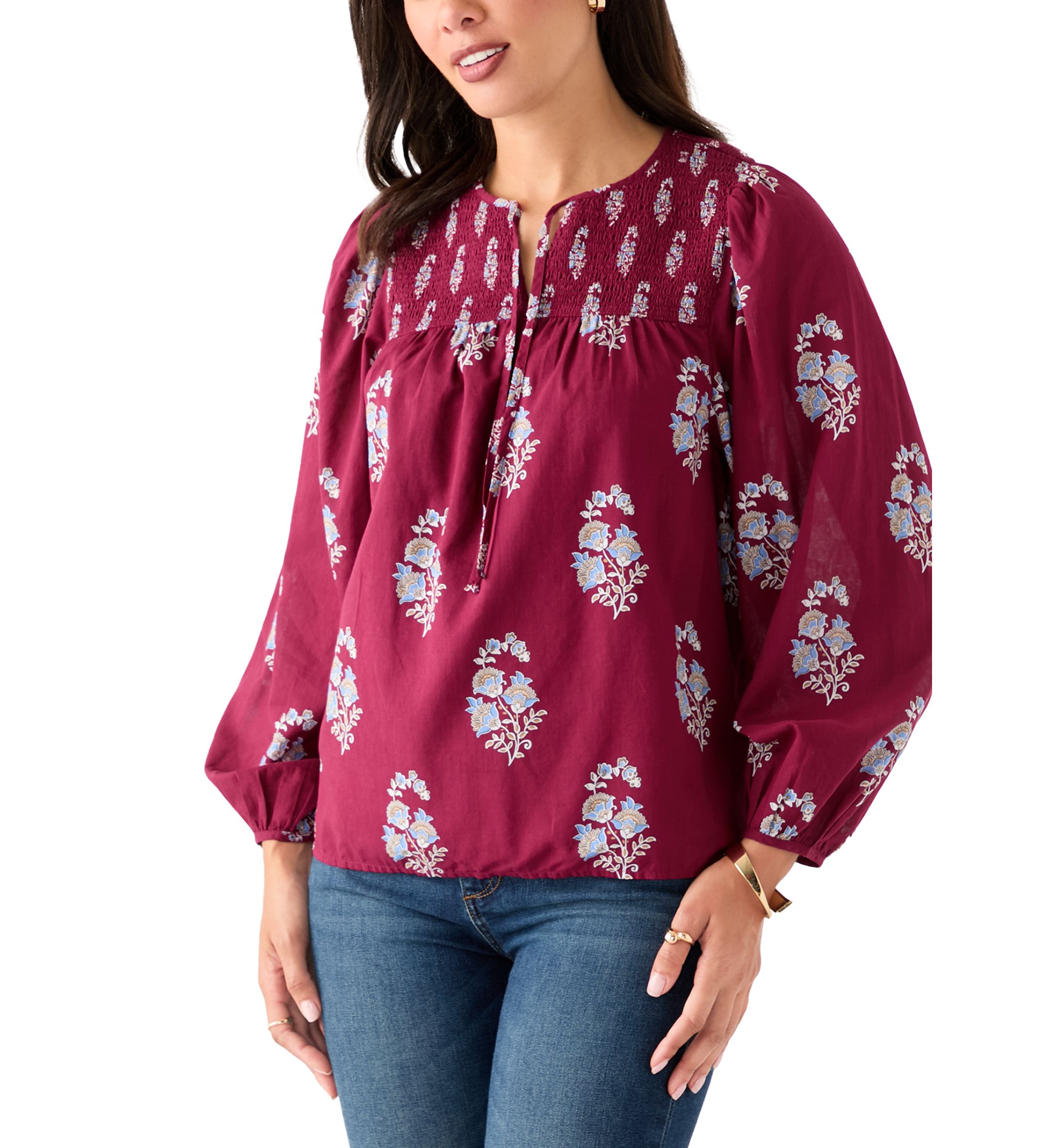 Womens Long Blouson Sleeve Smocked Yoke Peasant Top
