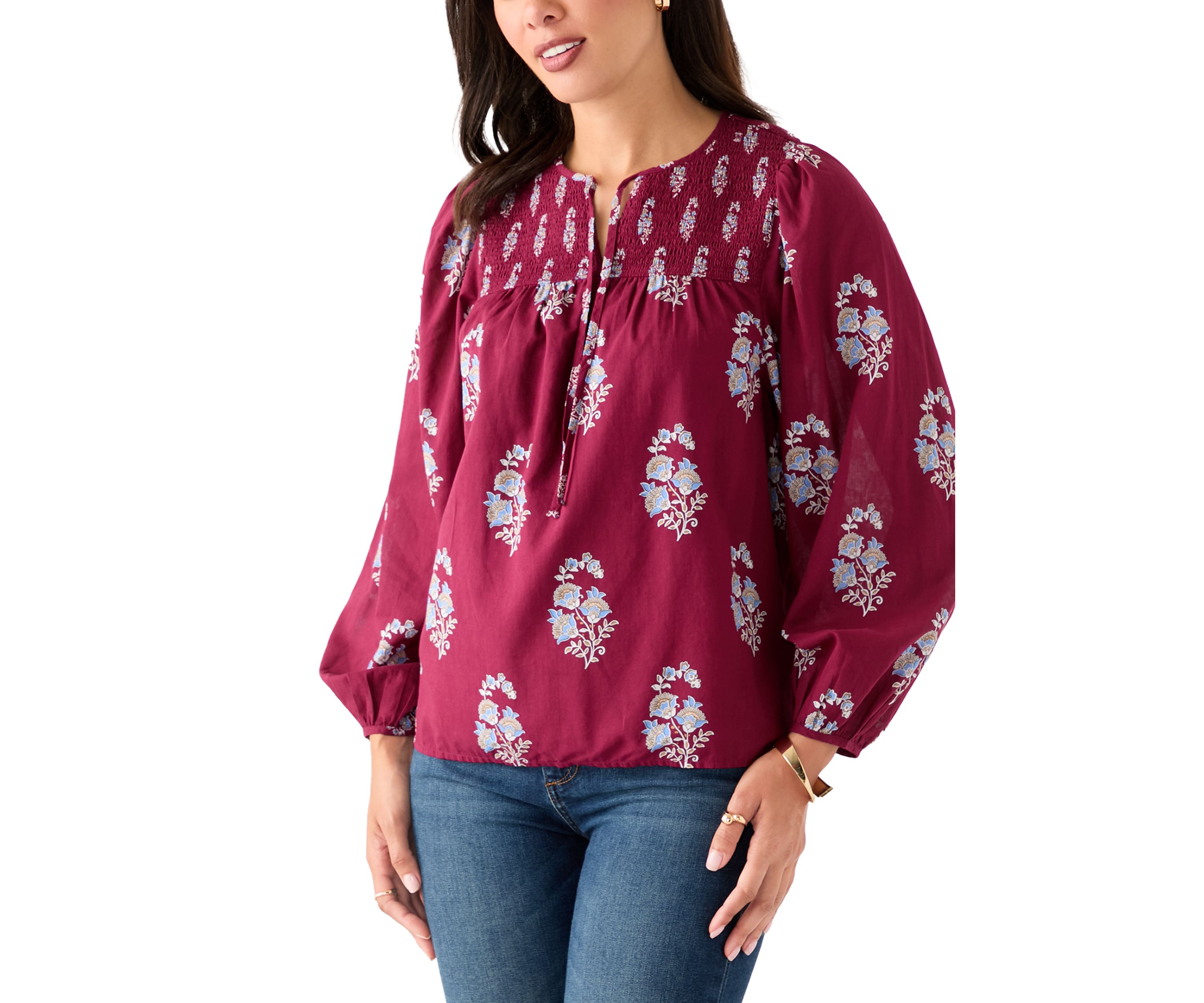 Womens Long Blouson Sleeve Smocked Yoke Peasant Top