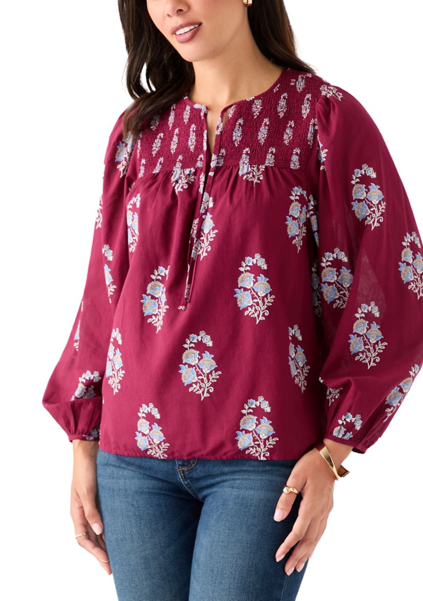 Womens Long Blouson Sleeve Smocked Yoke Peasant Top