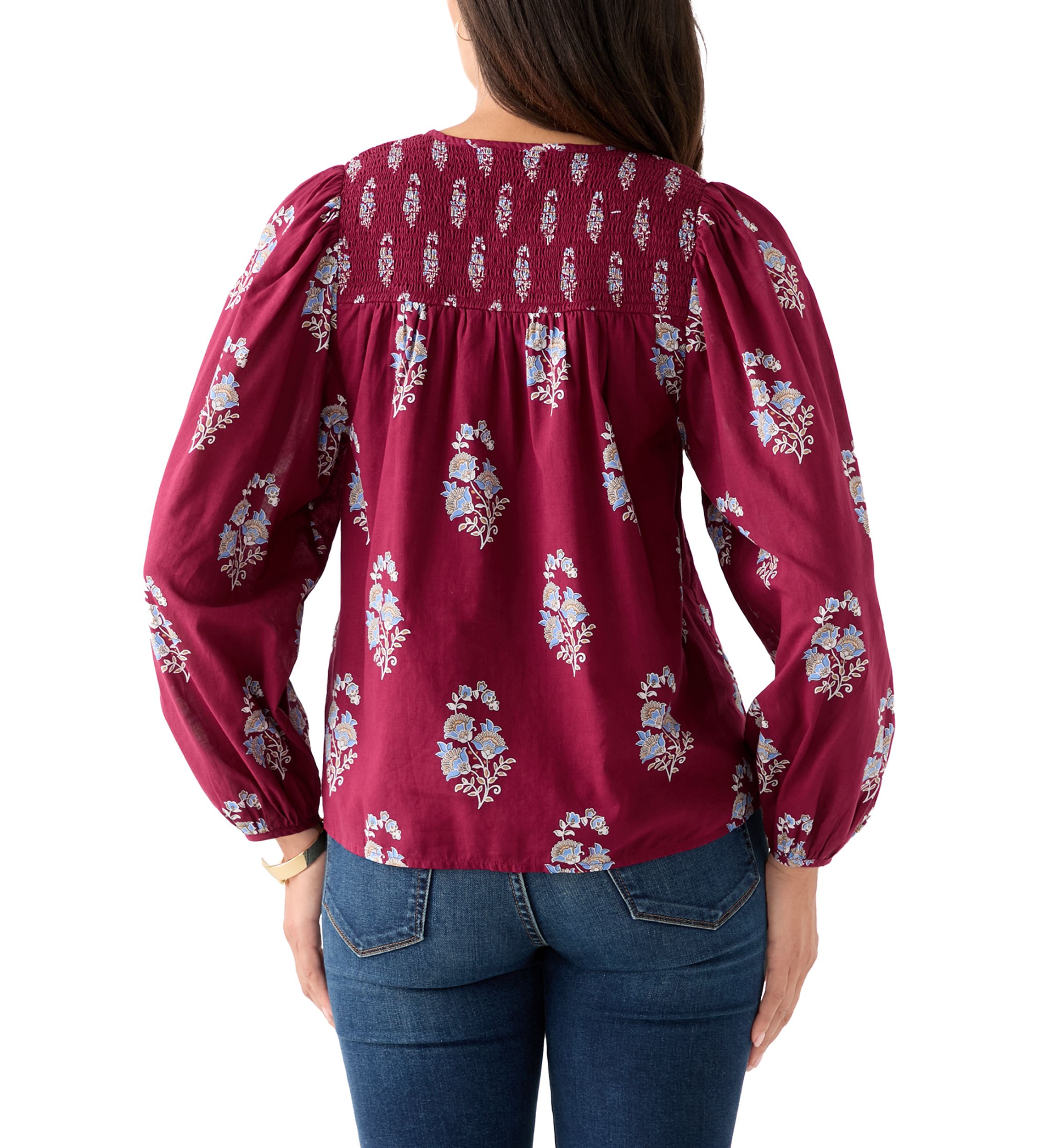 Womens Long Blouson Sleeve Smocked Yoke Peasant Top