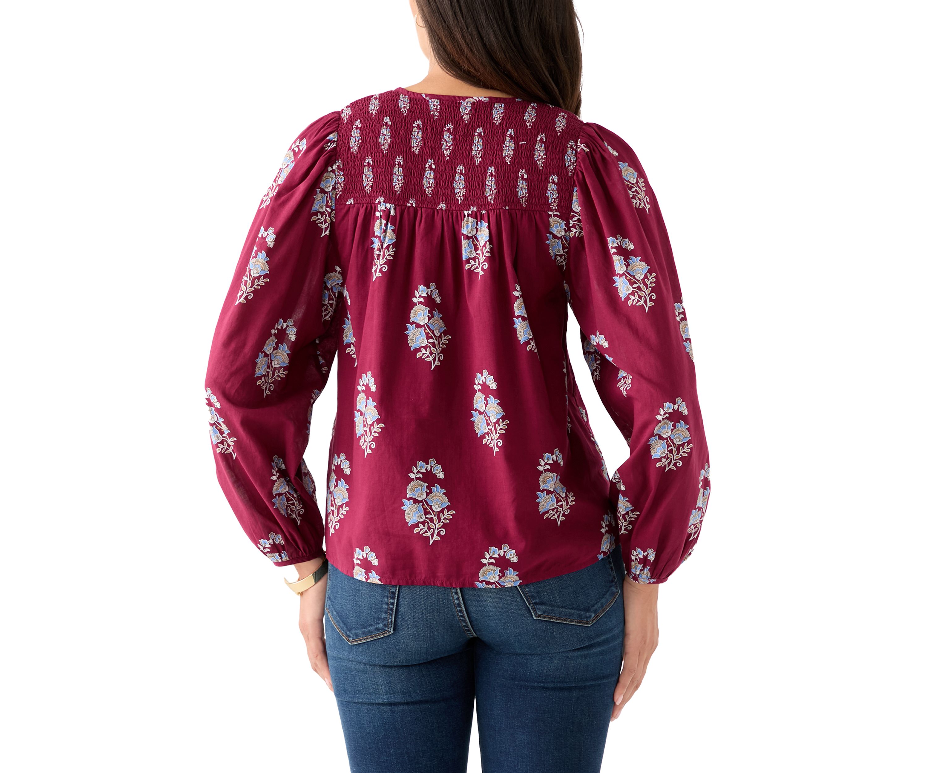 Womens Long Blouson Sleeve Smocked Yoke Peasant Top