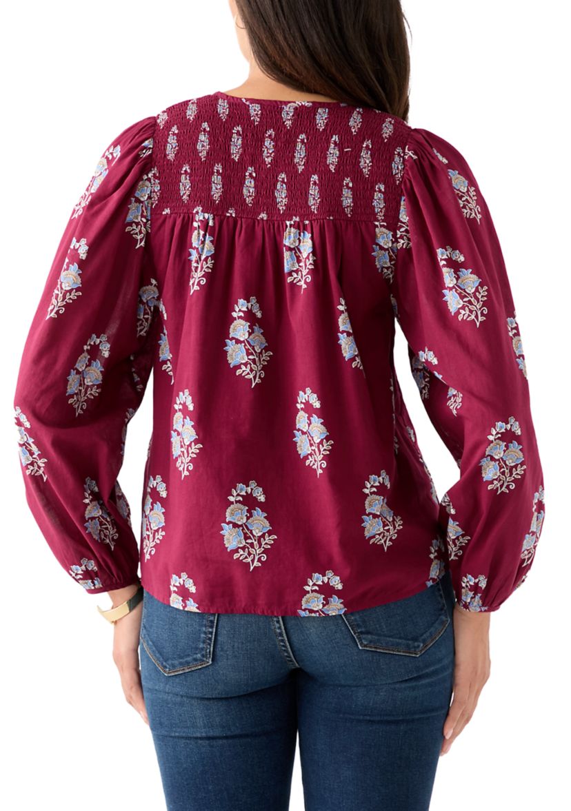 Womens Long Blouson Sleeve Smocked Yoke Peasant Top