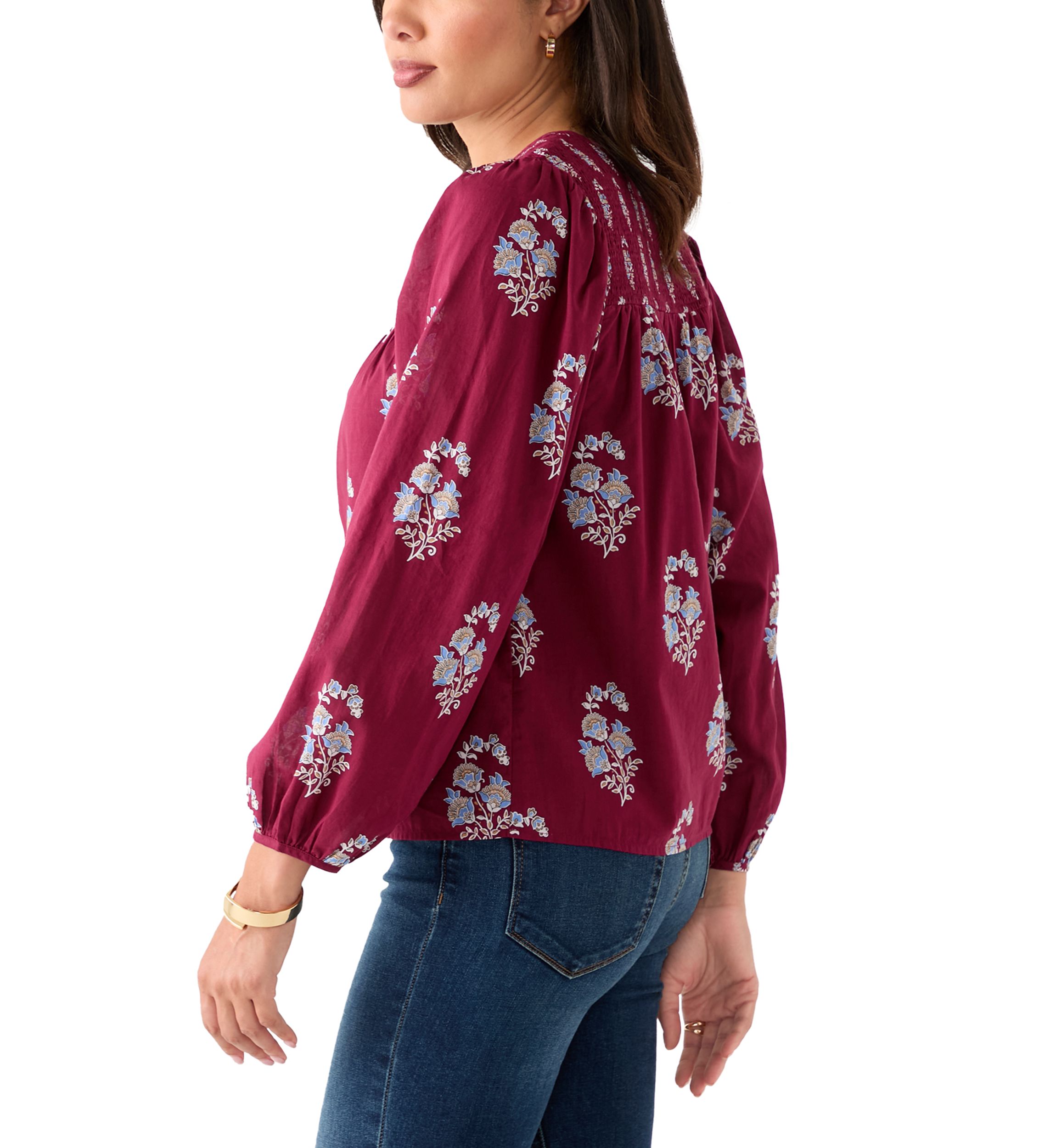 Womens Long Blouson Sleeve Smocked Yoke Peasant Top
