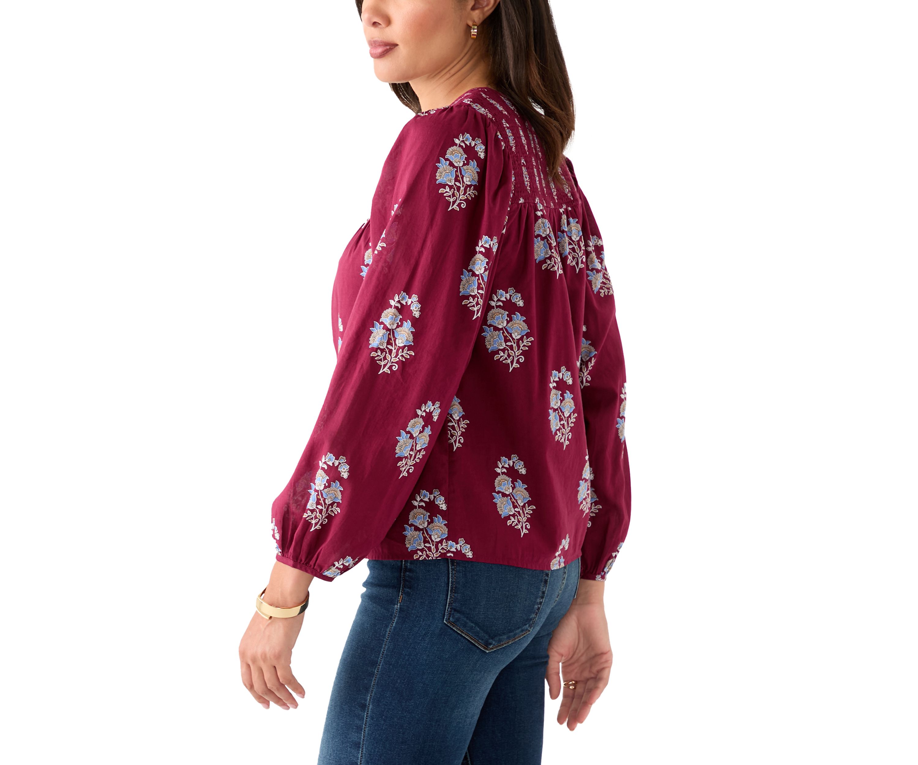 Womens Long Blouson Sleeve Smocked Yoke Peasant Top