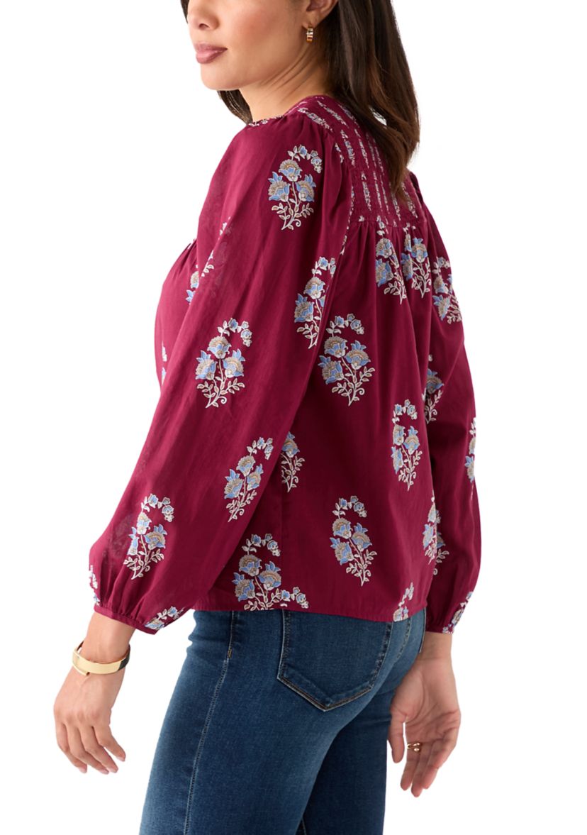 Womens Long Blouson Sleeve Smocked Yoke Peasant Top