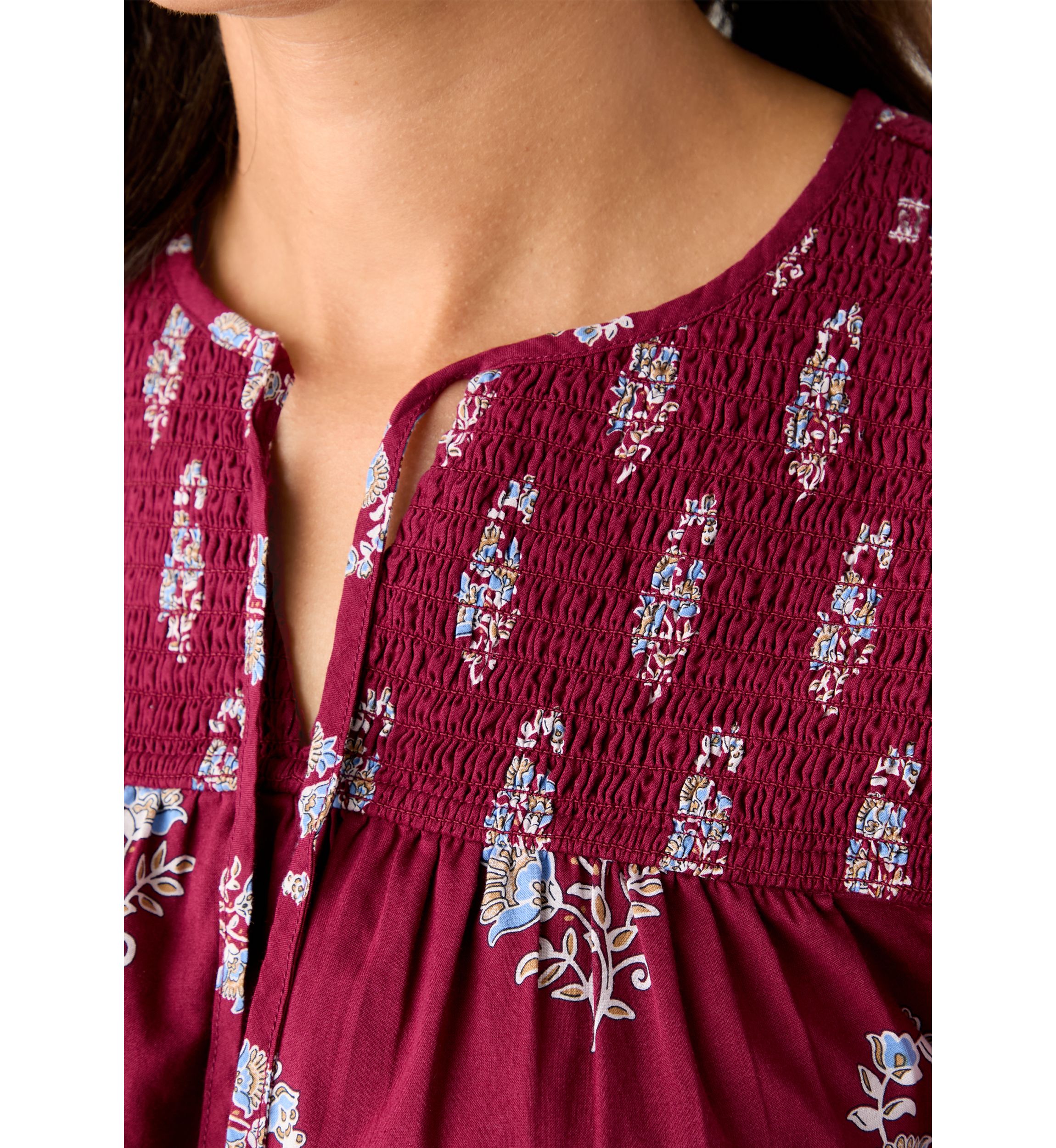 Womens Long Blouson Sleeve Smocked Yoke Peasant Top