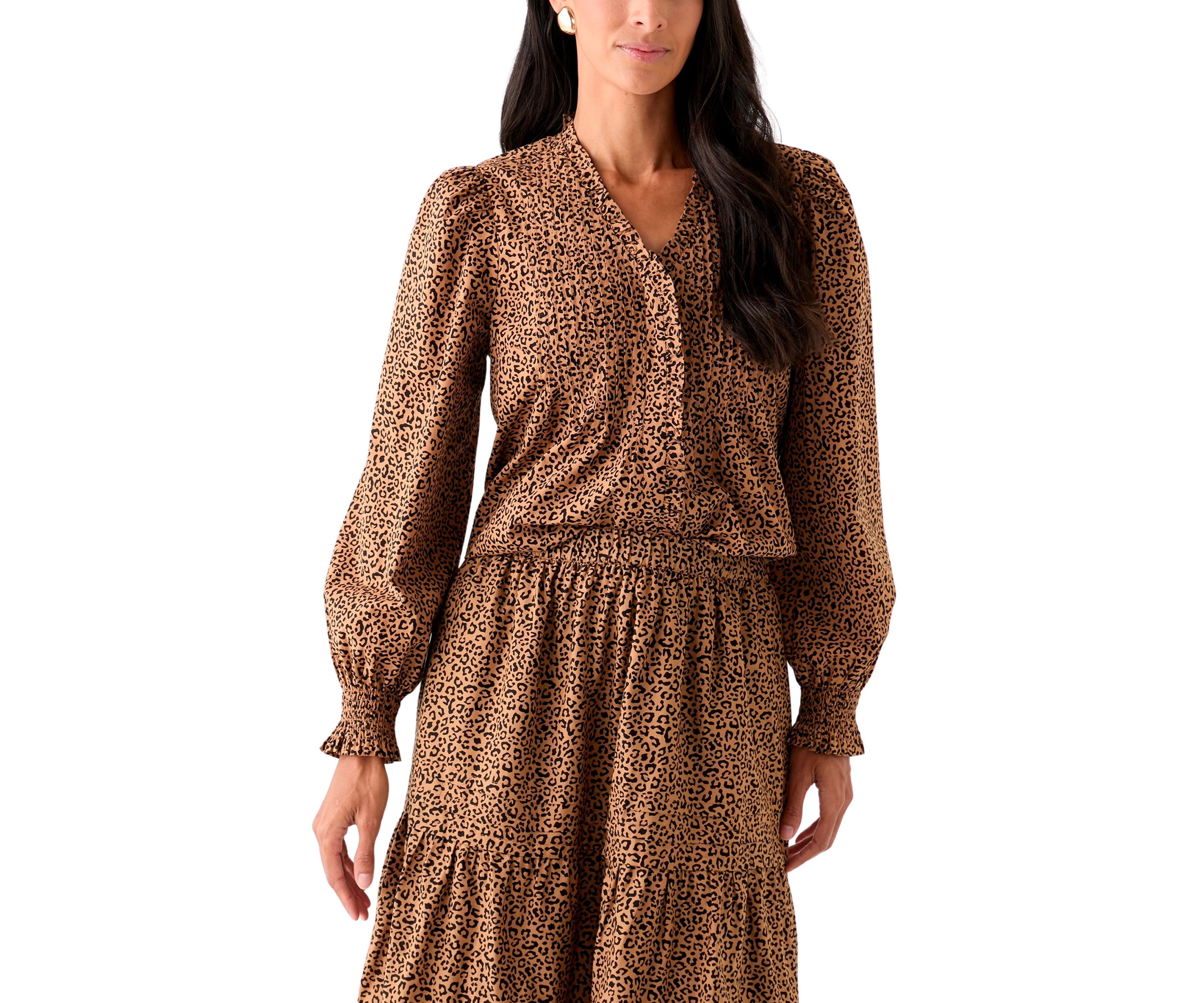 Womens Long Sleeve Ruffle Front Printed Top