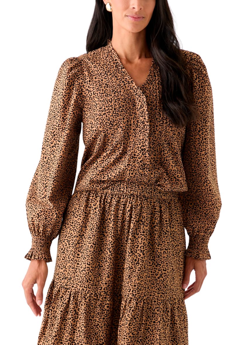Womens Long Sleeve Ruffle Front Printed Top