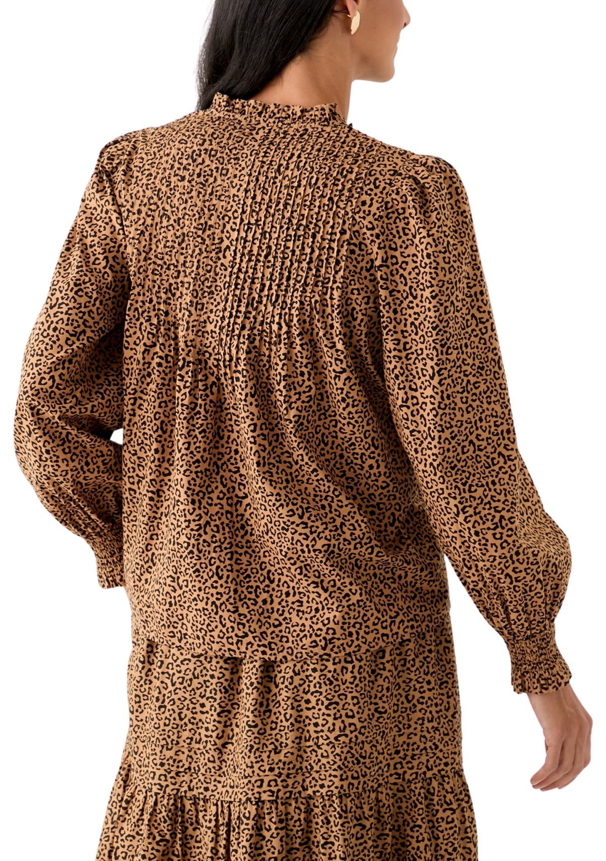 Womens Long Sleeve Ruffle Front Printed Top