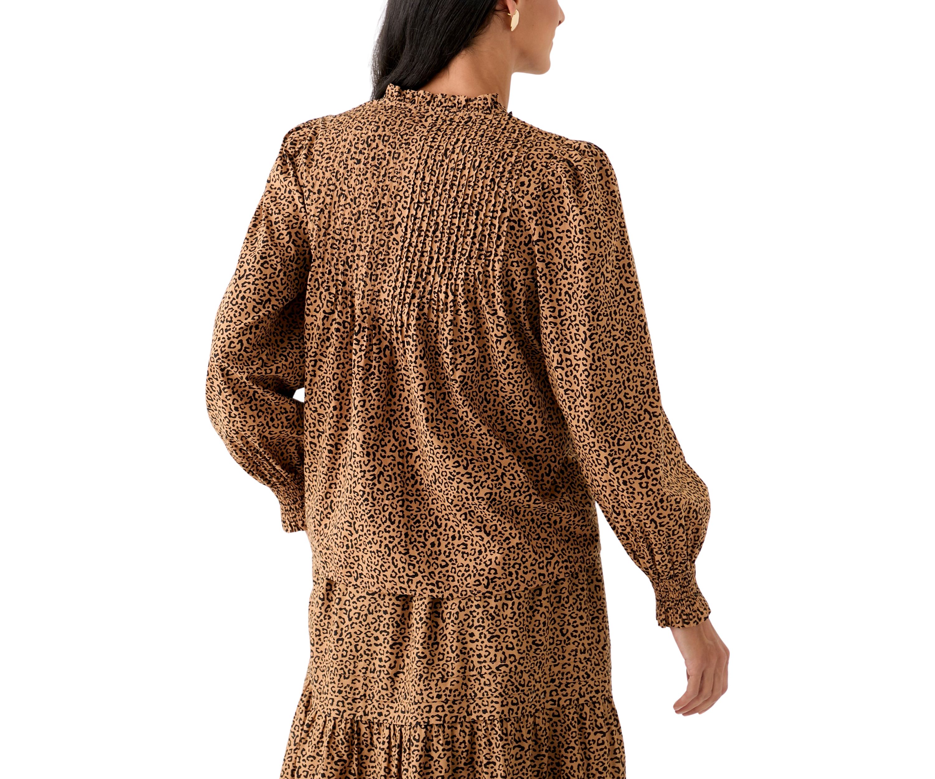 Womens Long Sleeve Ruffle Front Printed Top