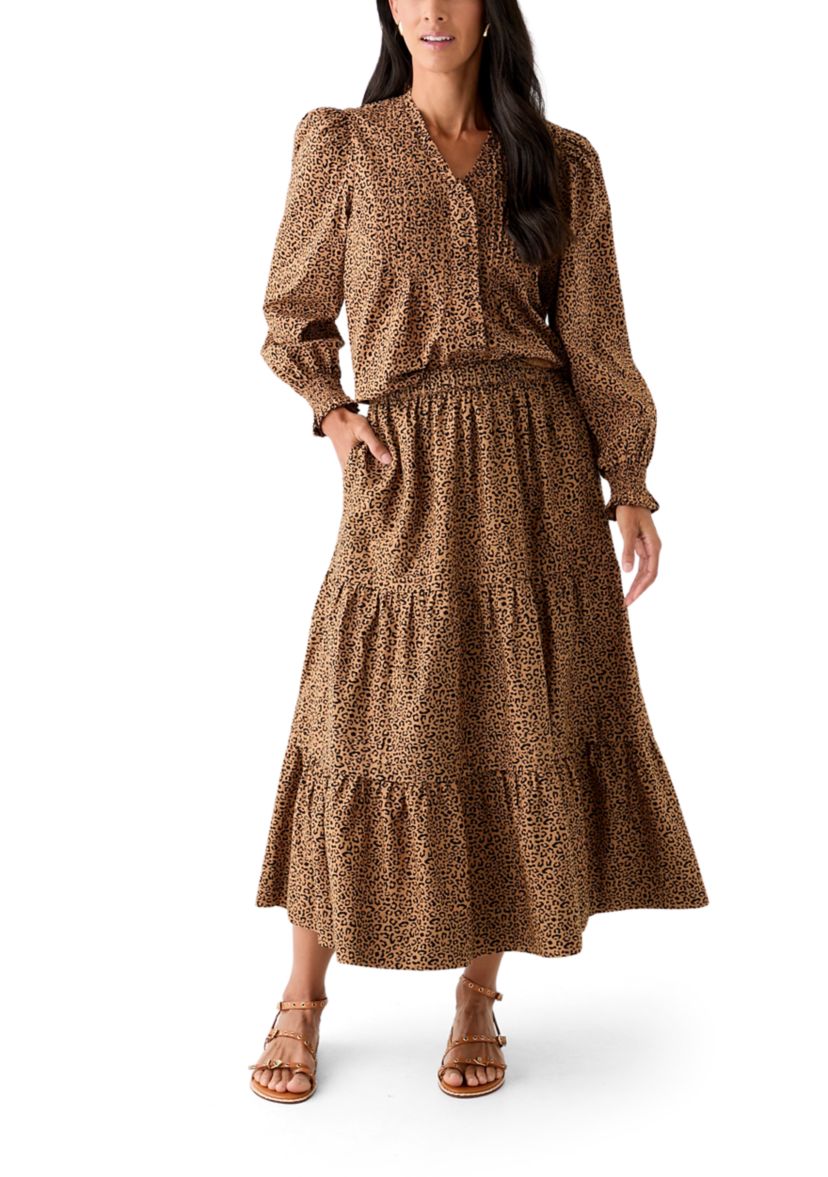 Womens Long Sleeve Ruffle Front Printed Top