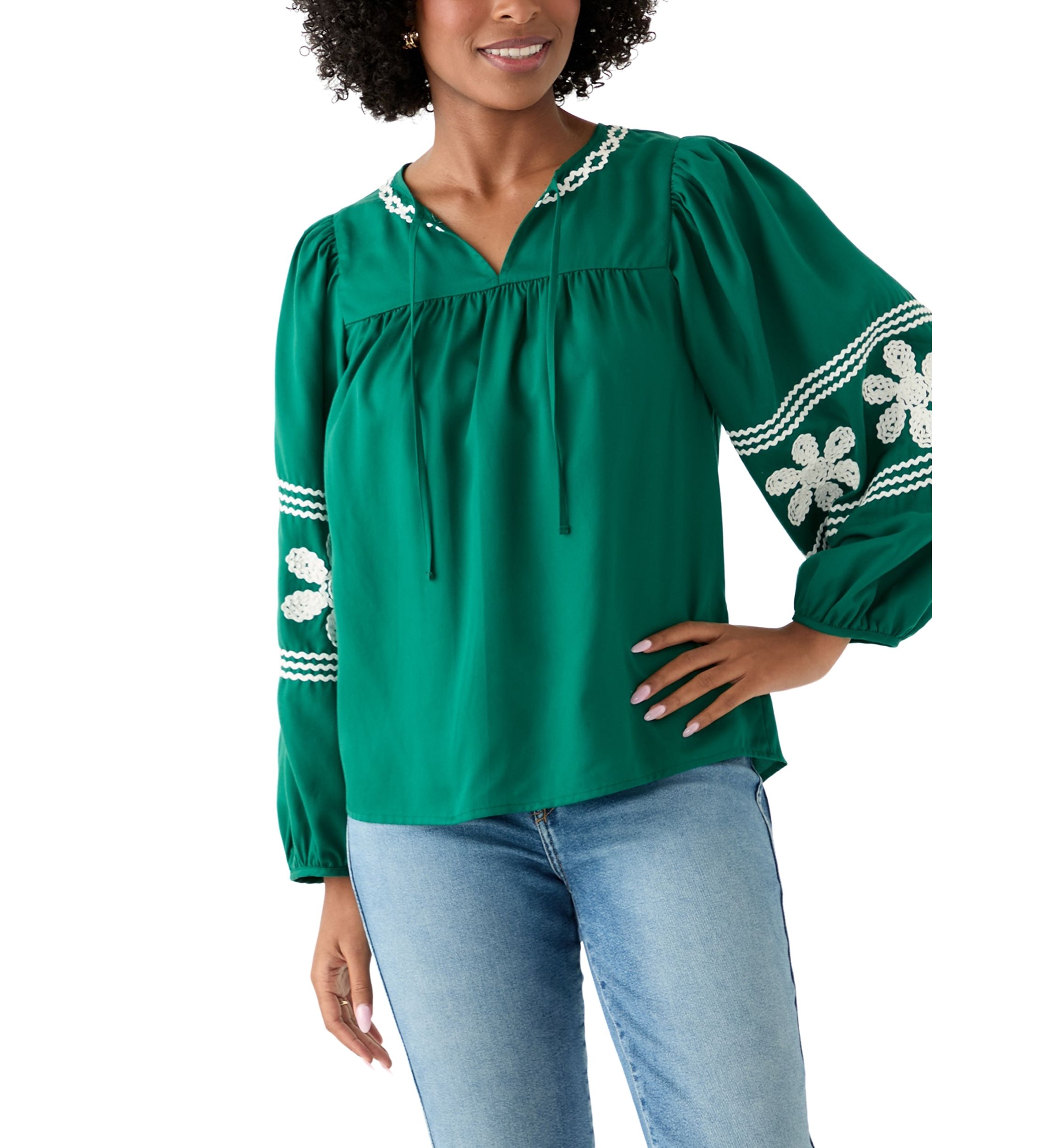 Womens Long Blouson Sleeve Smocked Yoke Peasant Top 