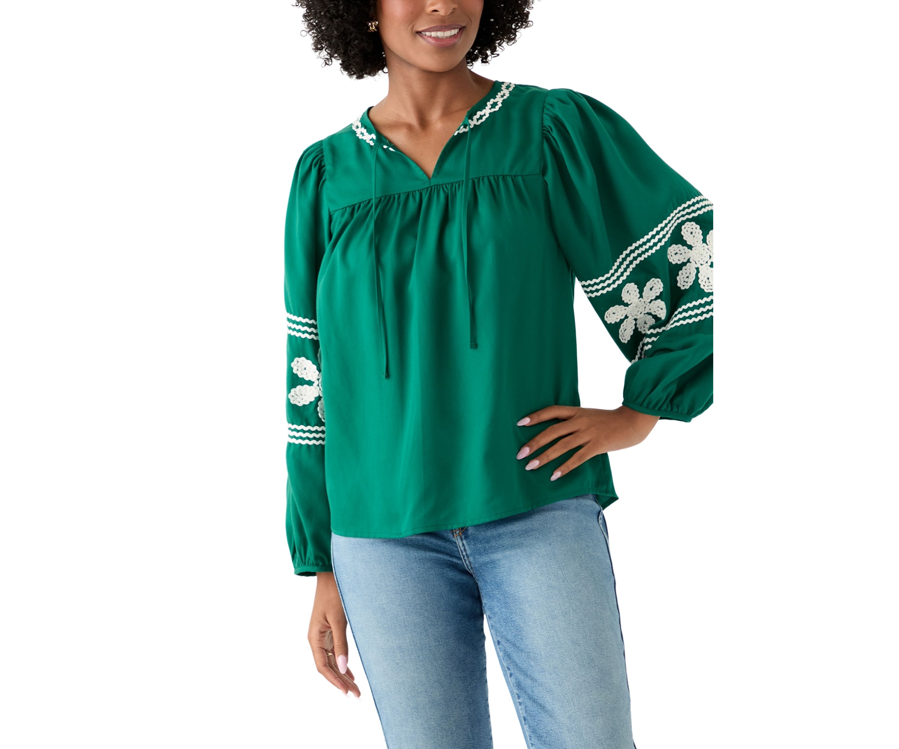 Womens Long Blouson Sleeve Smocked Yoke Peasant Top 