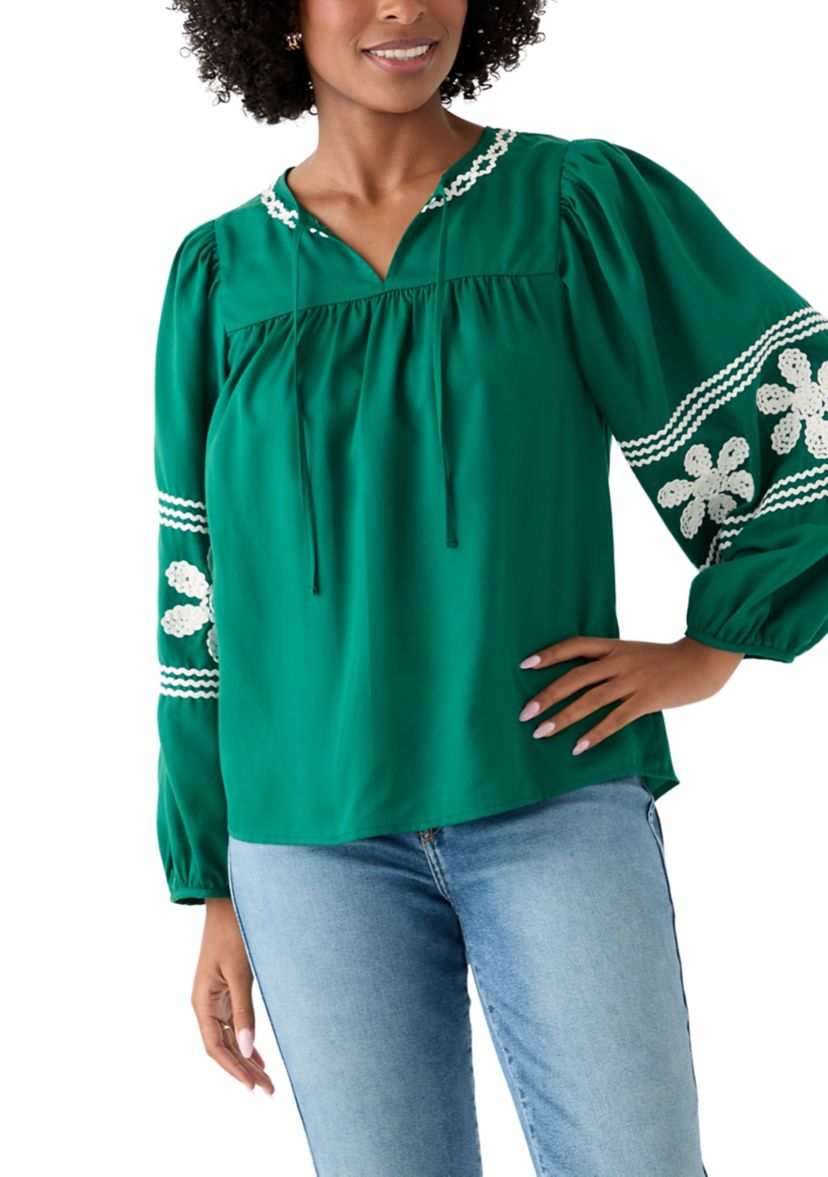 Womens Long Blouson Sleeve Smocked Yoke Peasant Top 