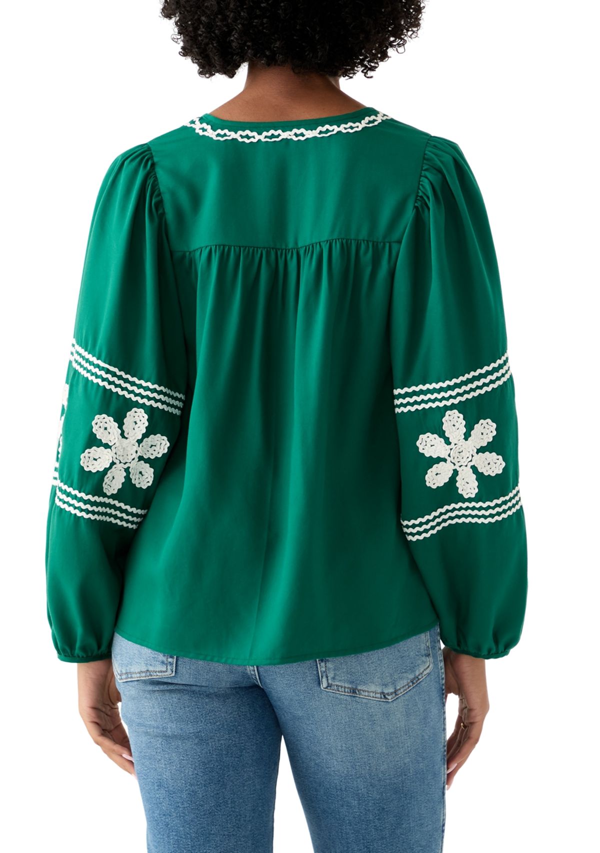 Womens Long Blouson Sleeve Smocked Yoke Peasant Top 