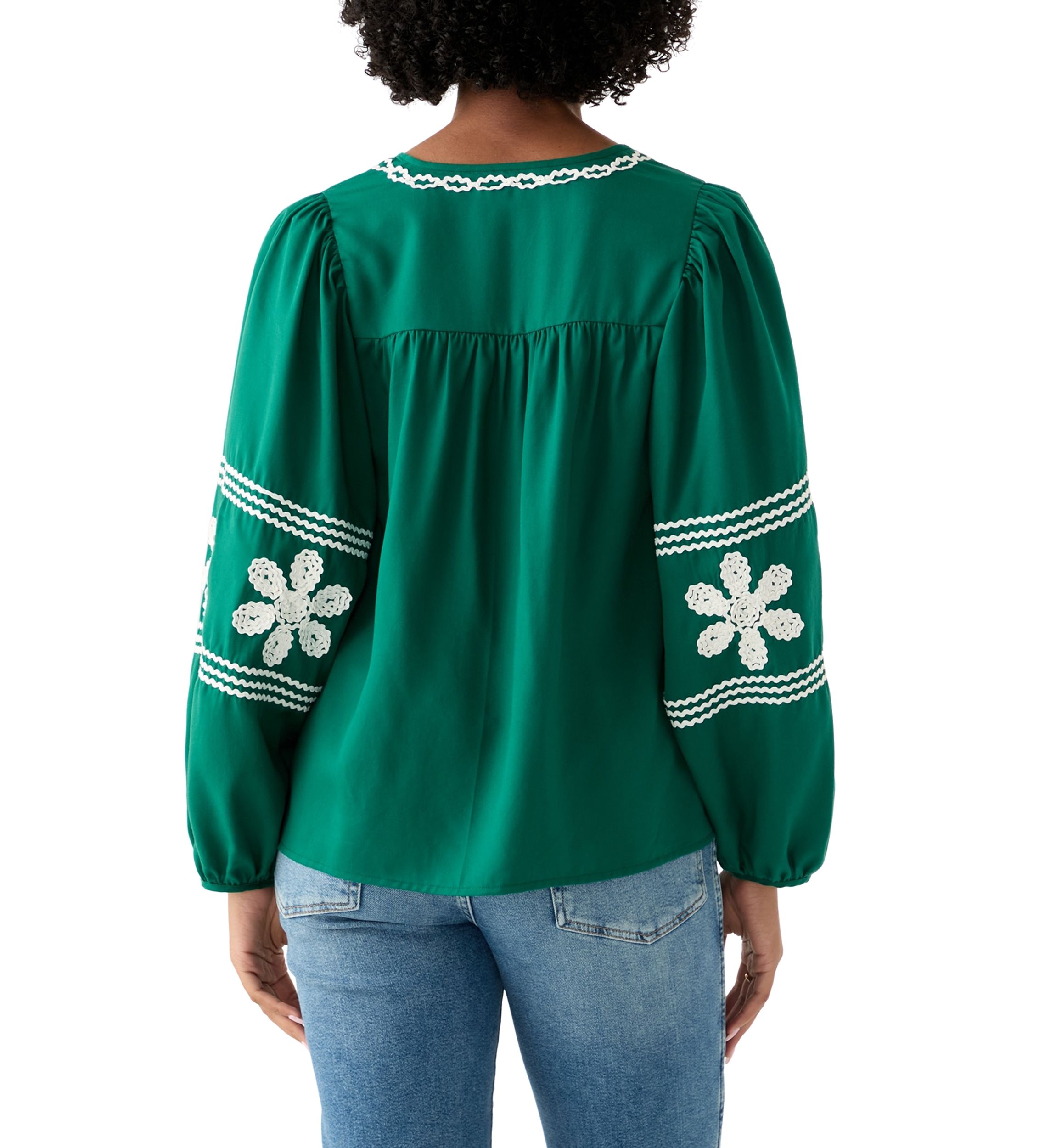 Womens Long Blouson Sleeve Smocked Yoke Peasant Top 