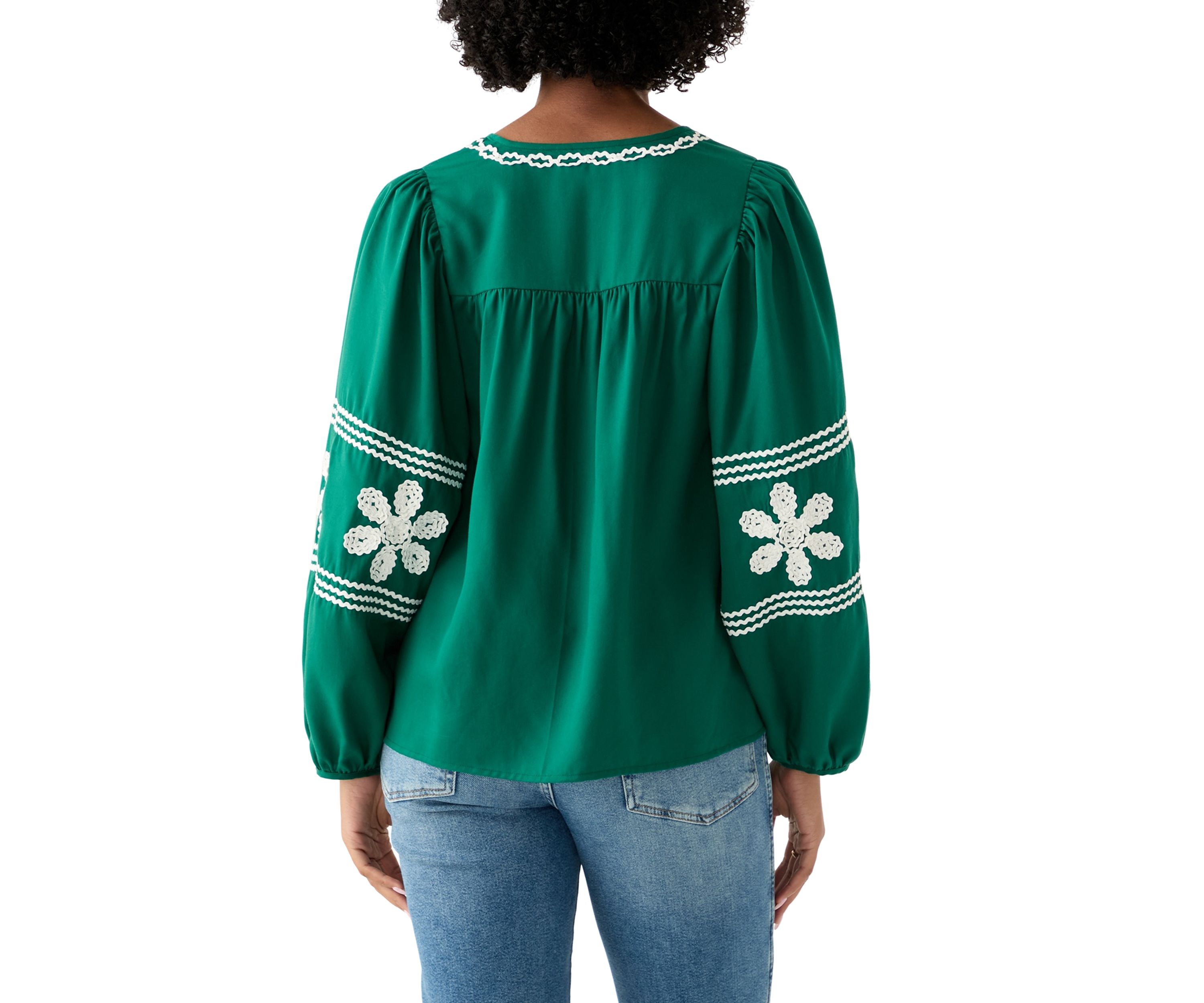 Womens Long Blouson Sleeve Smocked Yoke Peasant Top 