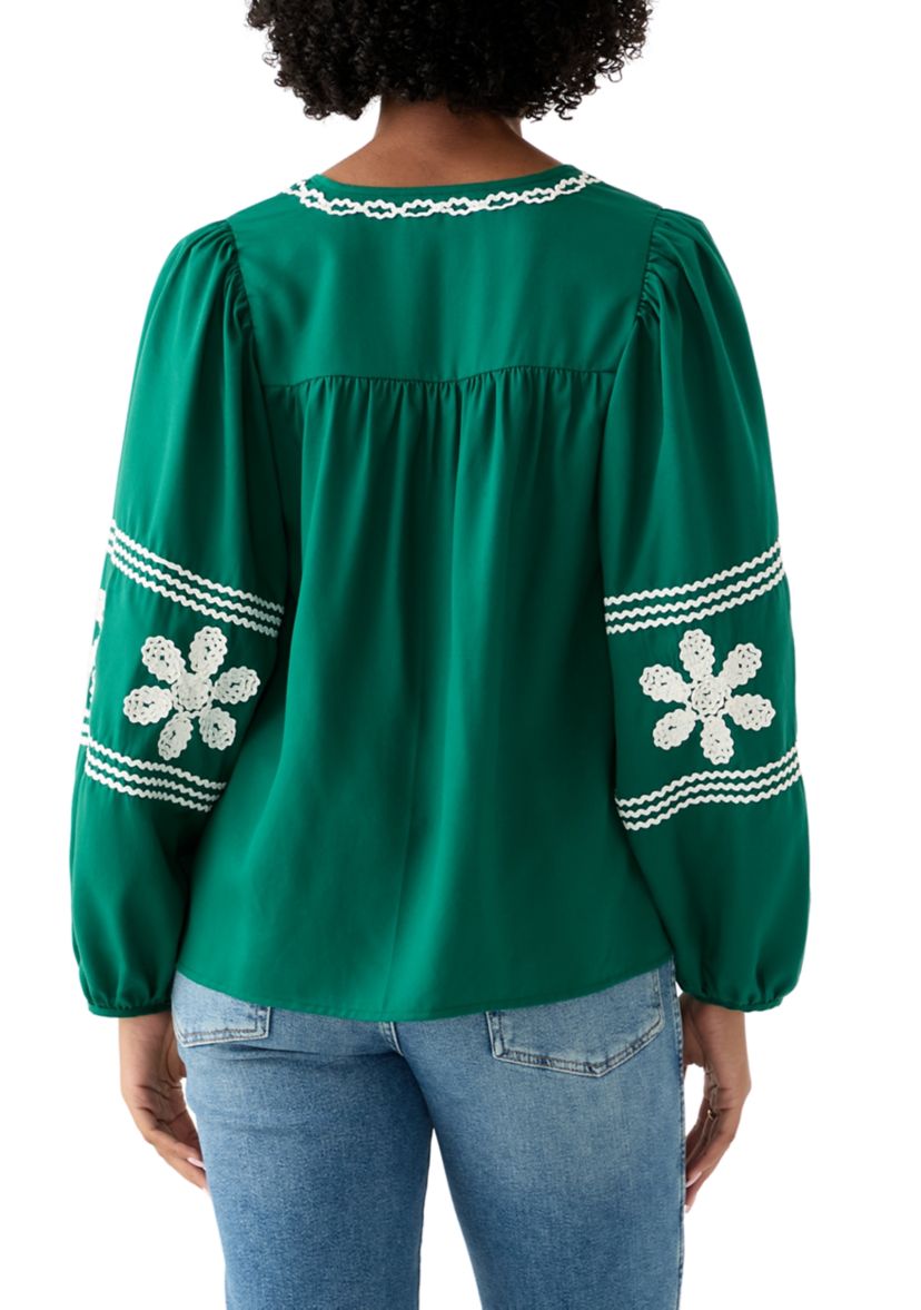 Womens Long Blouson Sleeve Smocked Yoke Peasant Top 