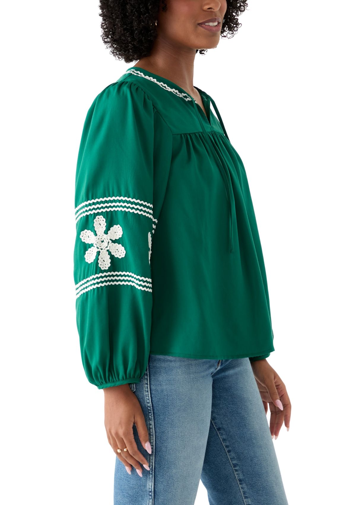 Womens Long Blouson Sleeve Smocked Yoke Peasant Top 