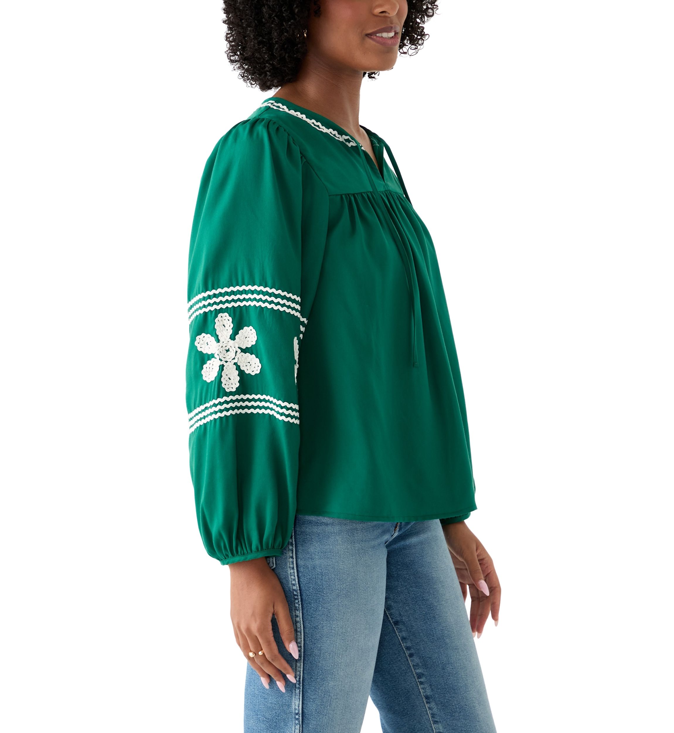 Womens Long Blouson Sleeve Smocked Yoke Peasant Top 