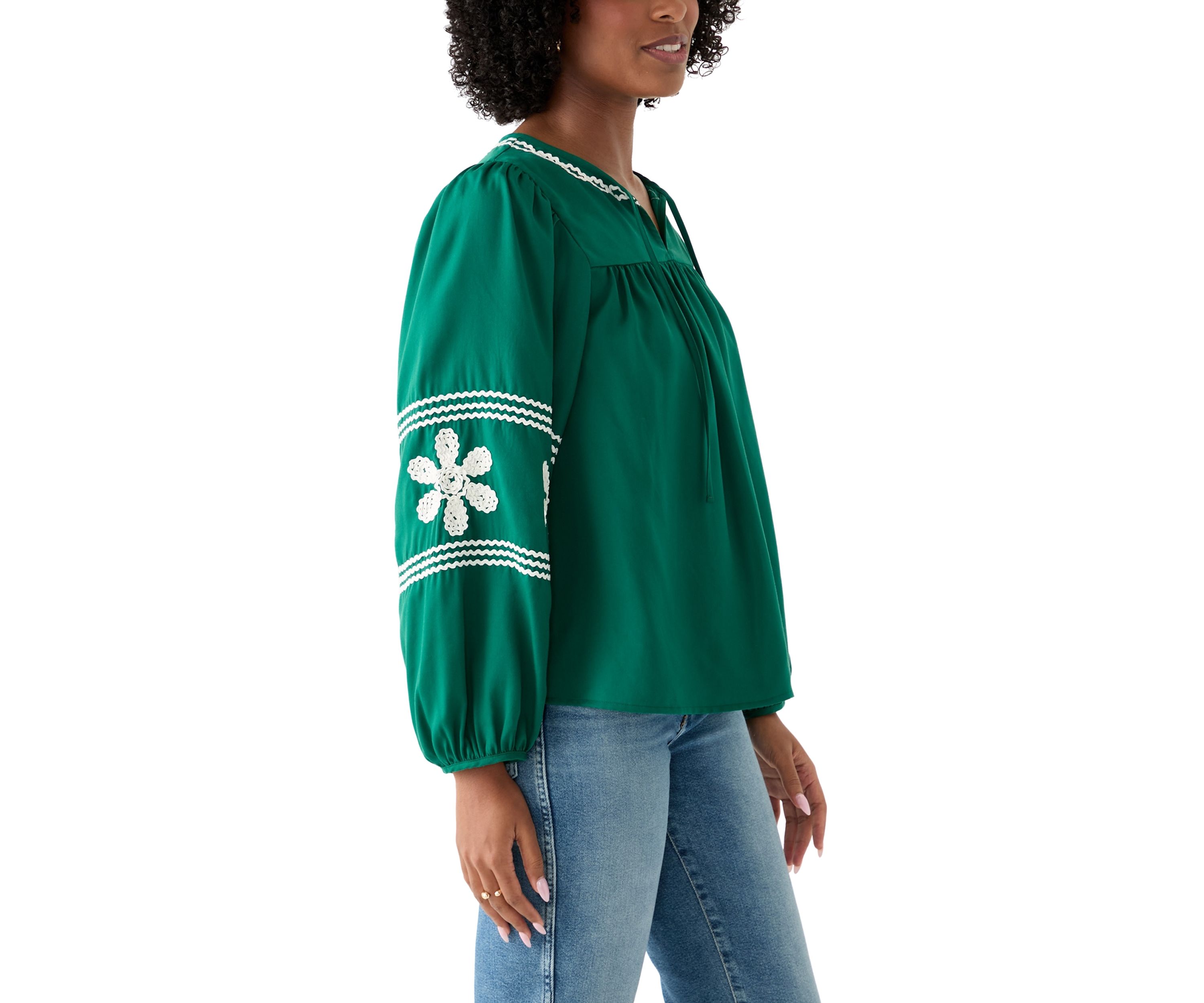 Womens Long Blouson Sleeve Smocked Yoke Peasant Top 