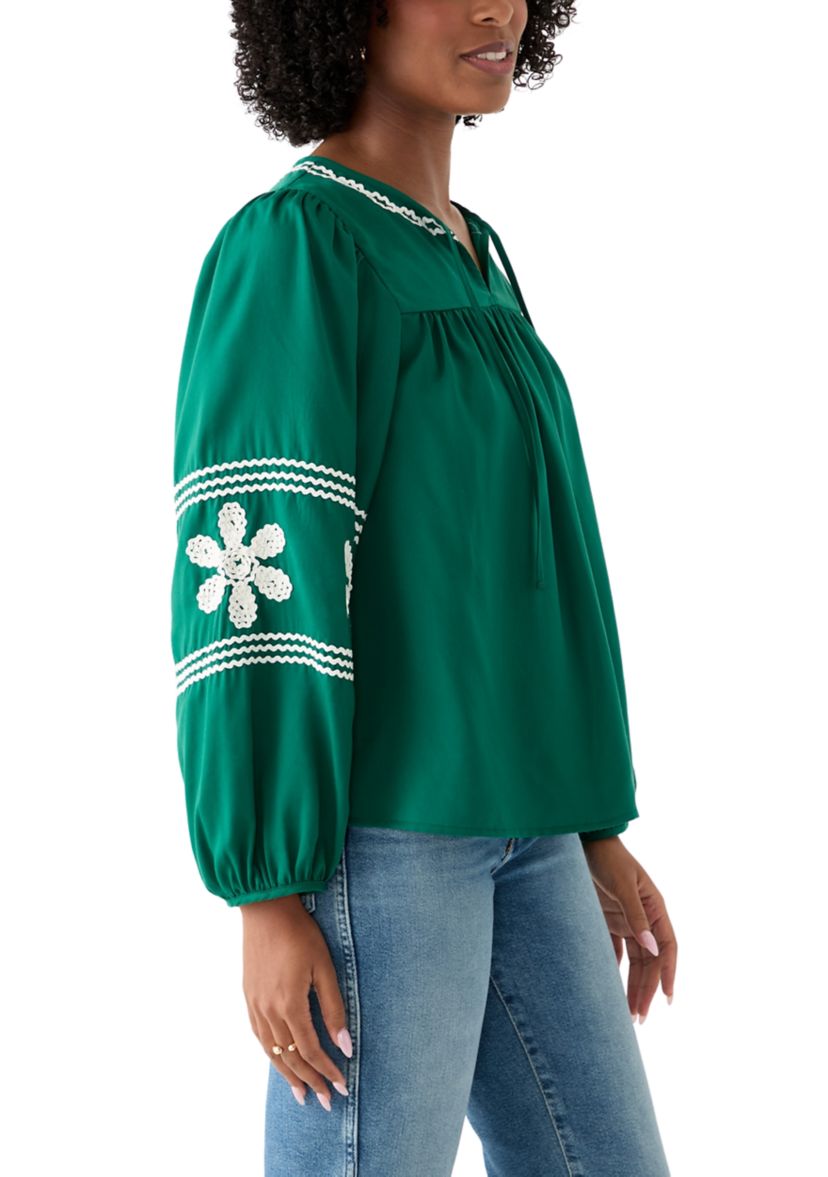 Womens Long Blouson Sleeve Smocked Yoke Peasant Top 