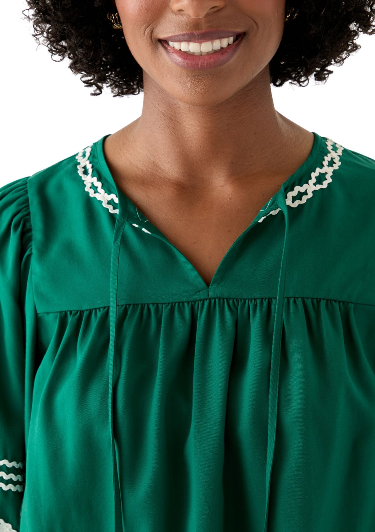 Womens Long Blouson Sleeve Smocked Yoke Peasant Top 