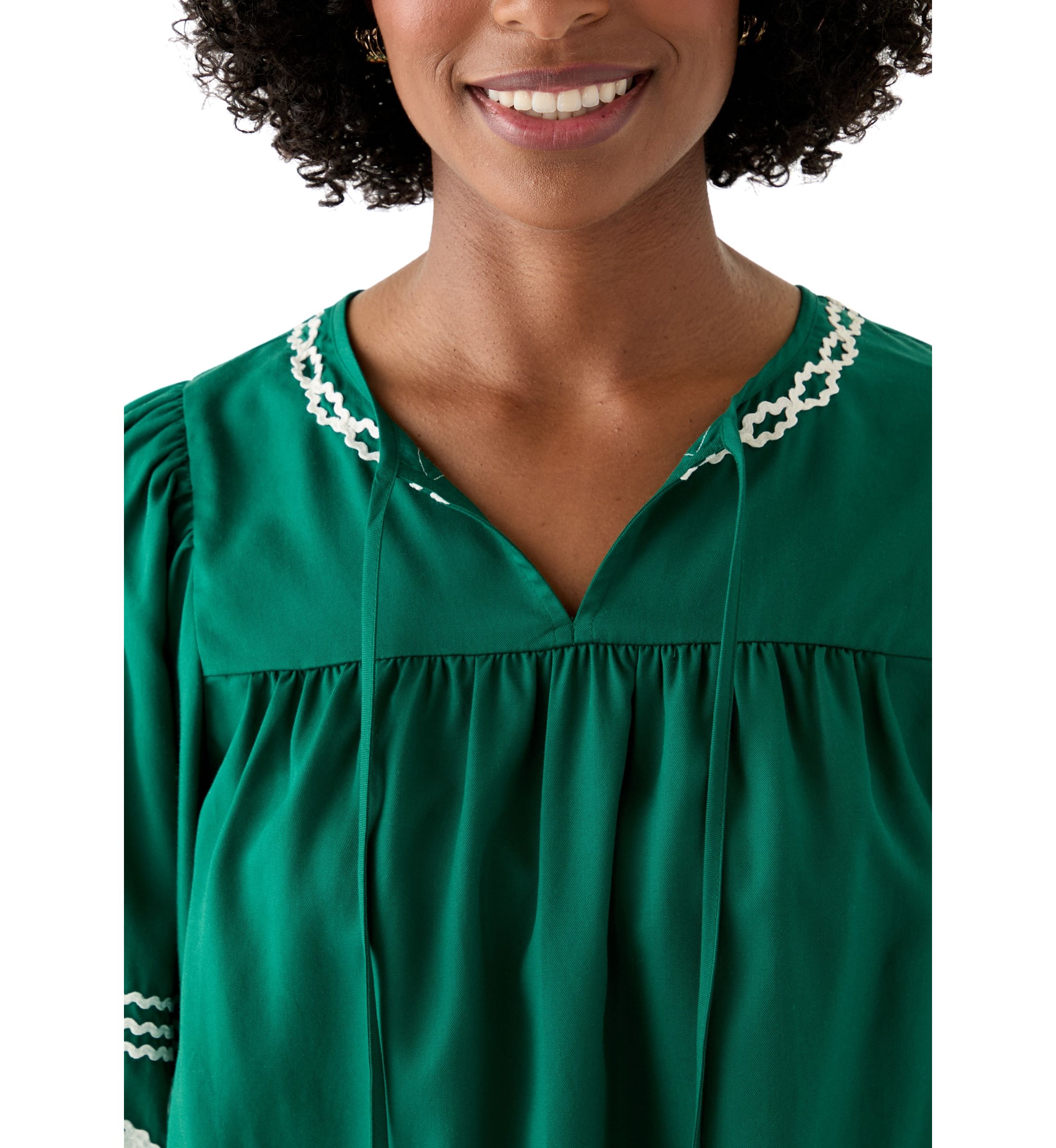 Womens Long Blouson Sleeve Smocked Yoke Peasant Top 