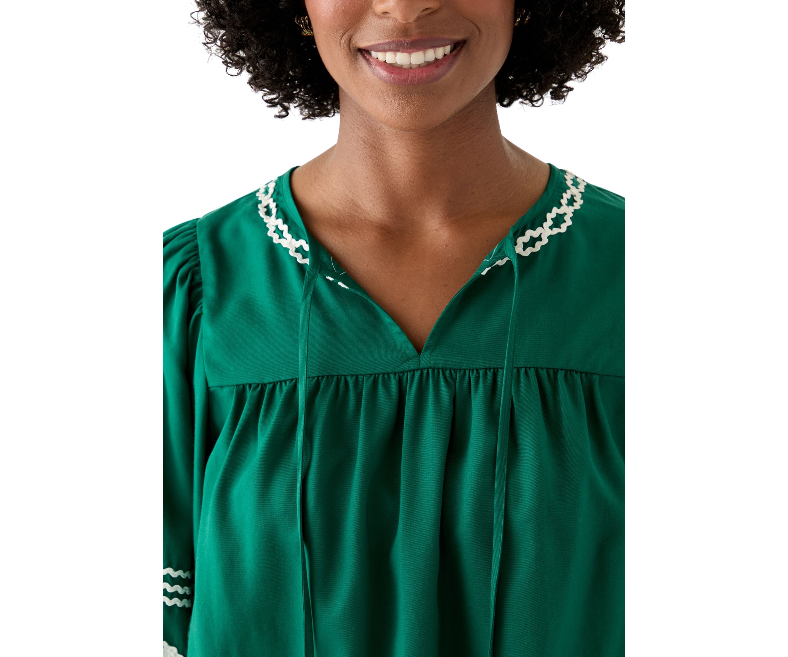 Womens Long Blouson Sleeve Smocked Yoke Peasant Top 