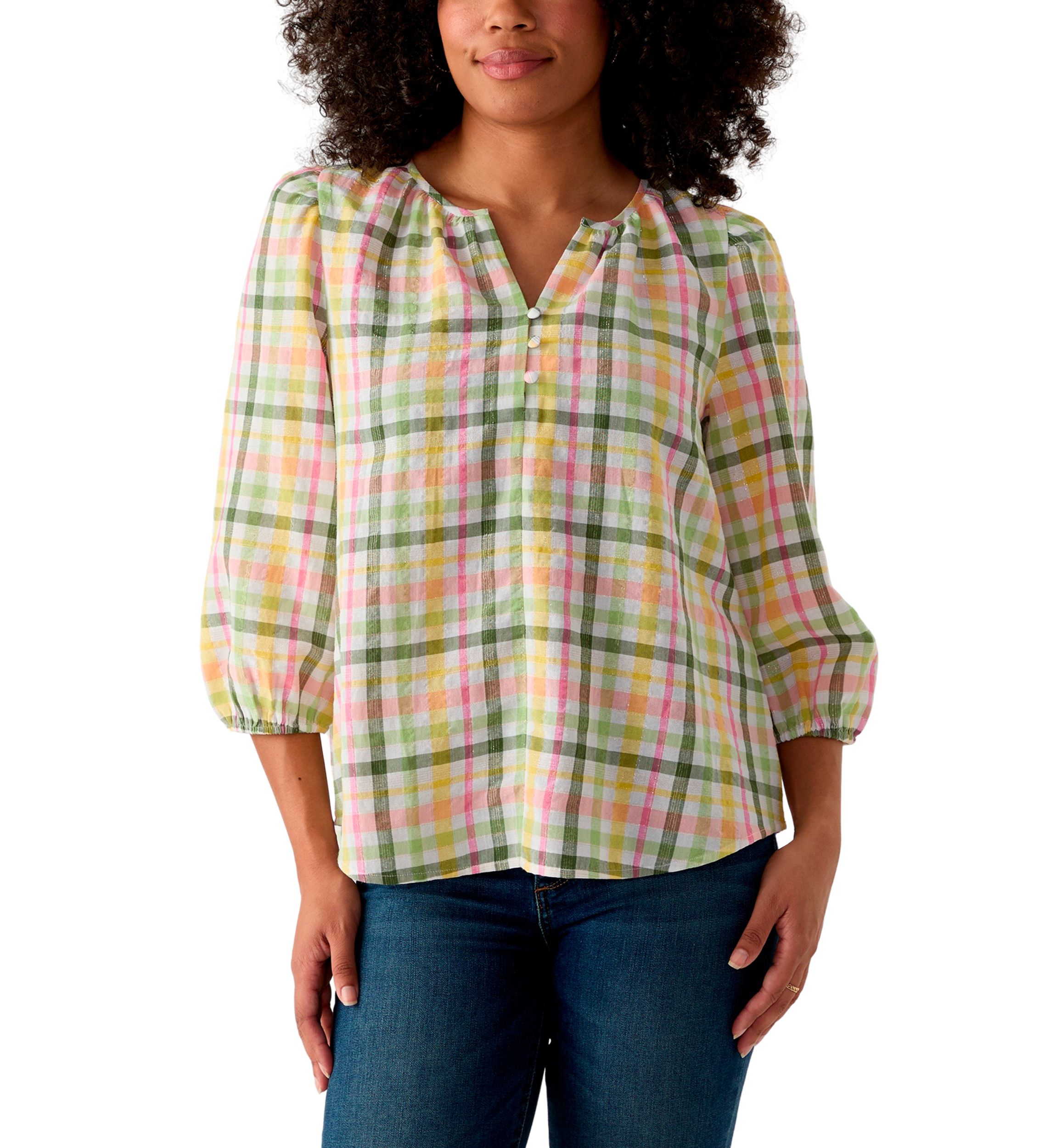 Womens 3/4 Sleeve Button Front Yarn Dyed Peasant Top