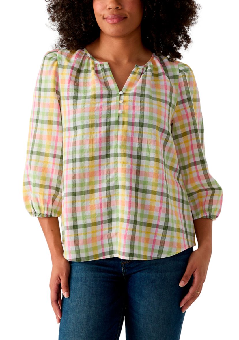 Womens 3/4 Sleeve Button Front Yarn Dyed Peasant Top