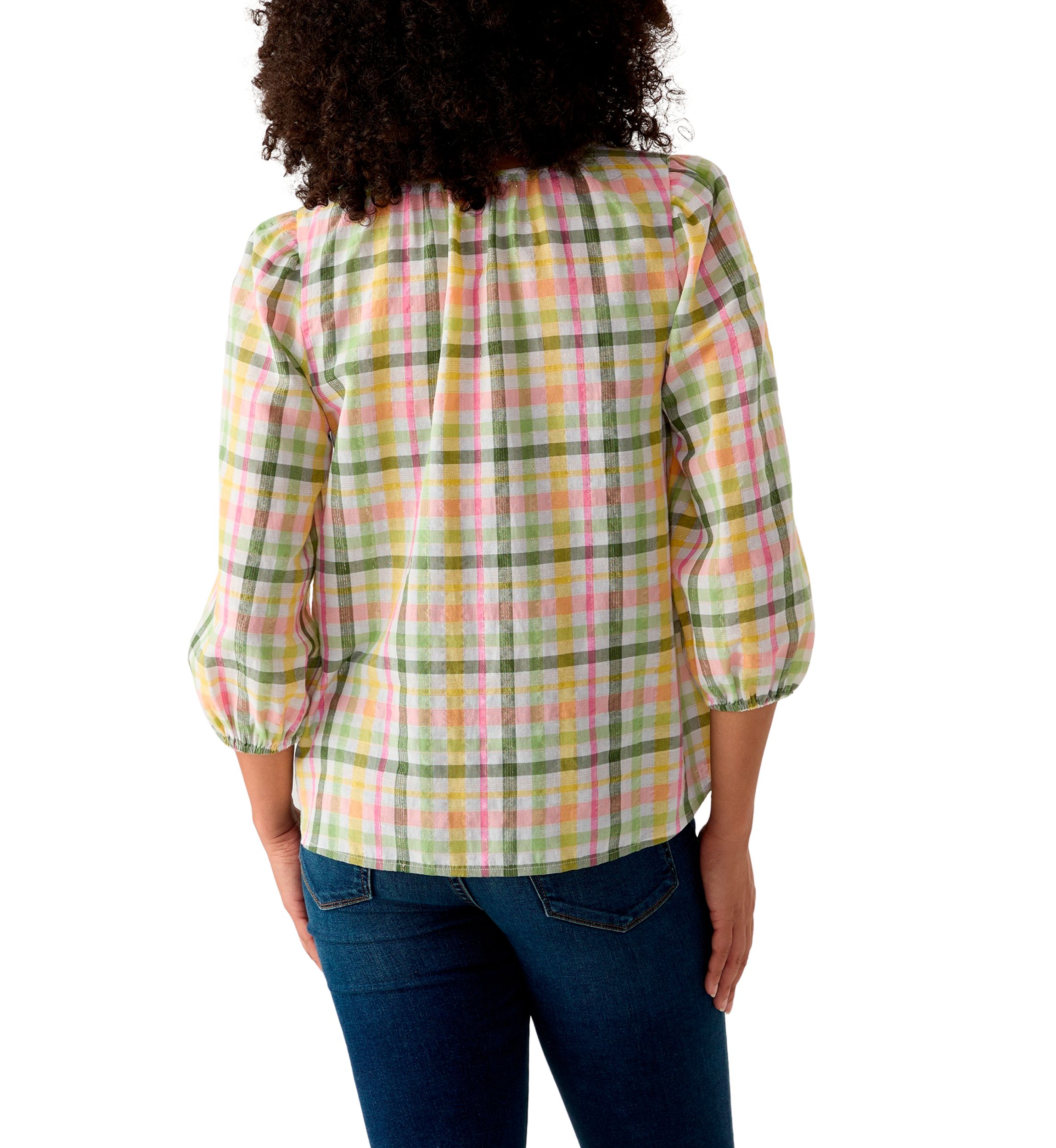 Womens 3/4 Sleeve Button Front Yarn Dyed Peasant Top