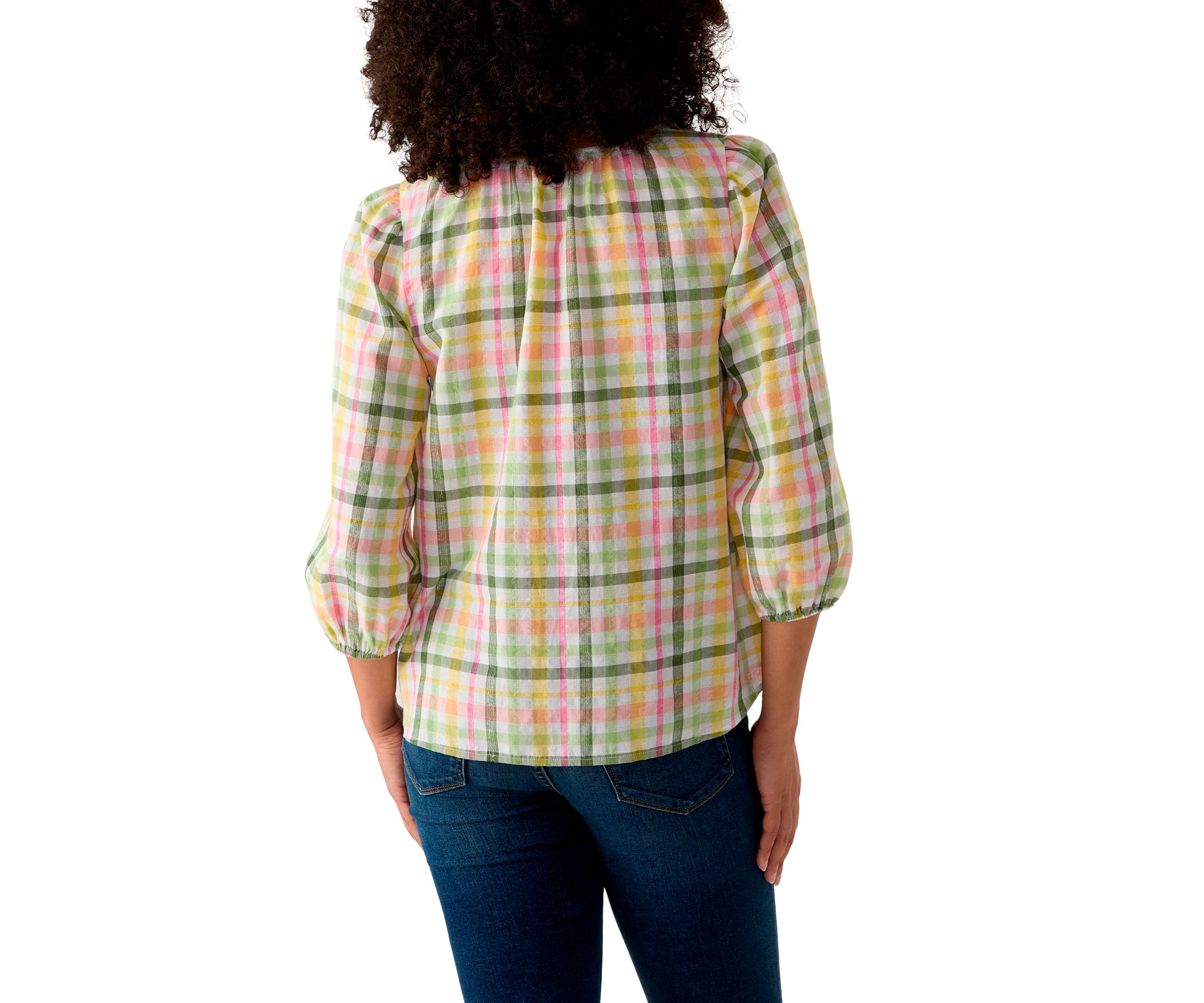 Womens 3/4 Sleeve Button Front Yarn Dyed Peasant Top