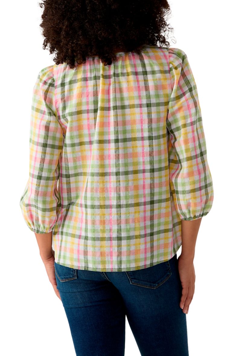 Womens 3/4 Sleeve Button Front Yarn Dyed Peasant Top