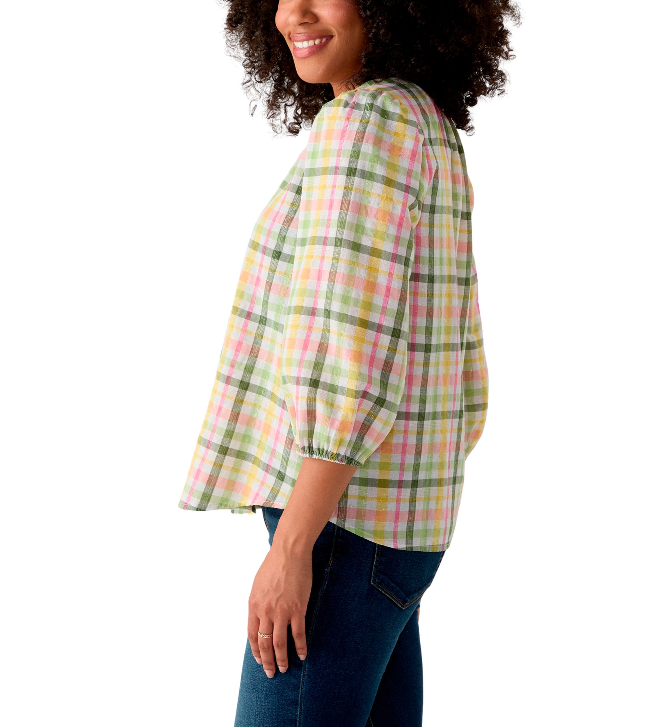 Womens 3/4 Sleeve Button Front Yarn Dyed Peasant Top