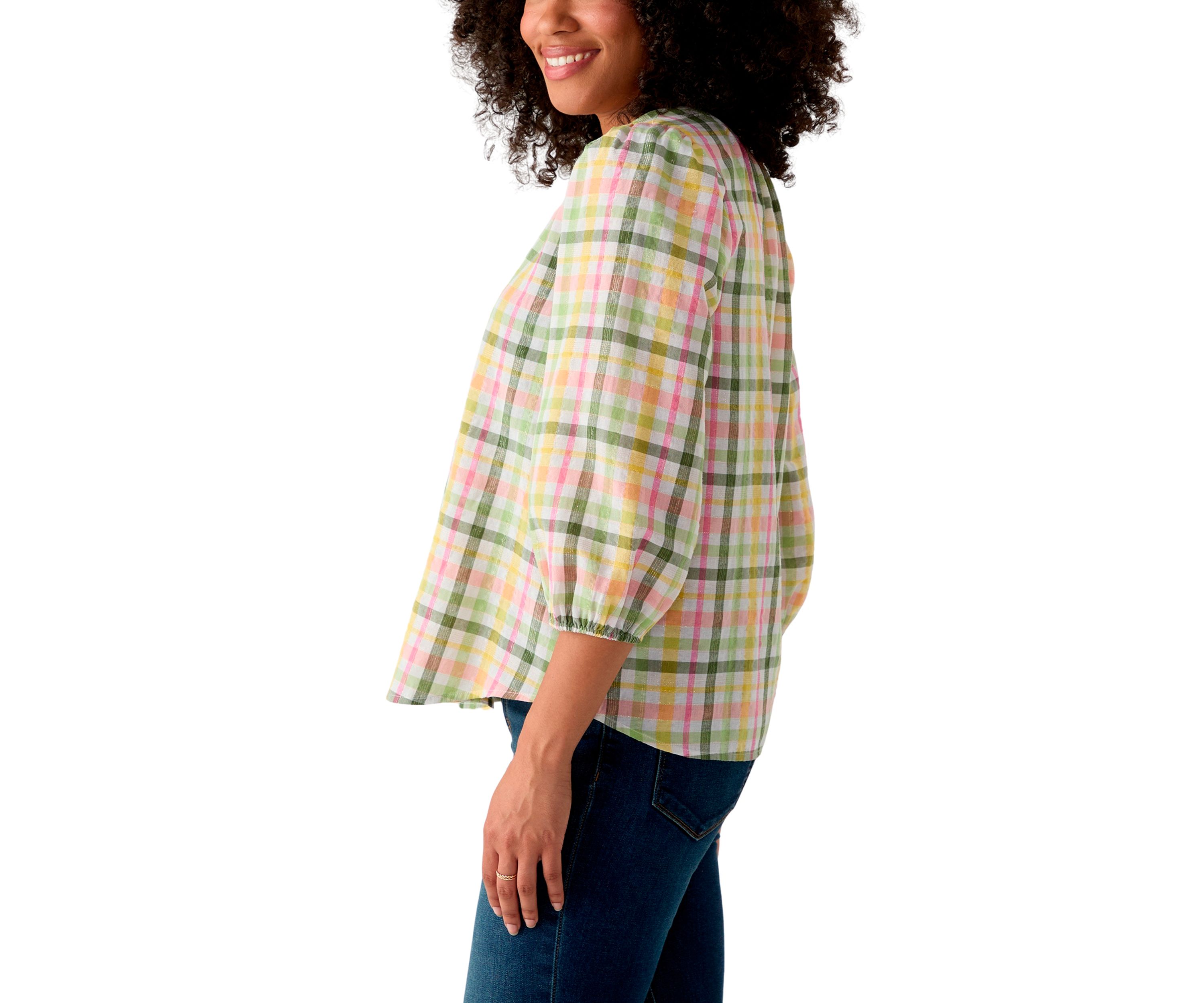 Womens 3/4 Sleeve Button Front Yarn Dyed Peasant Top