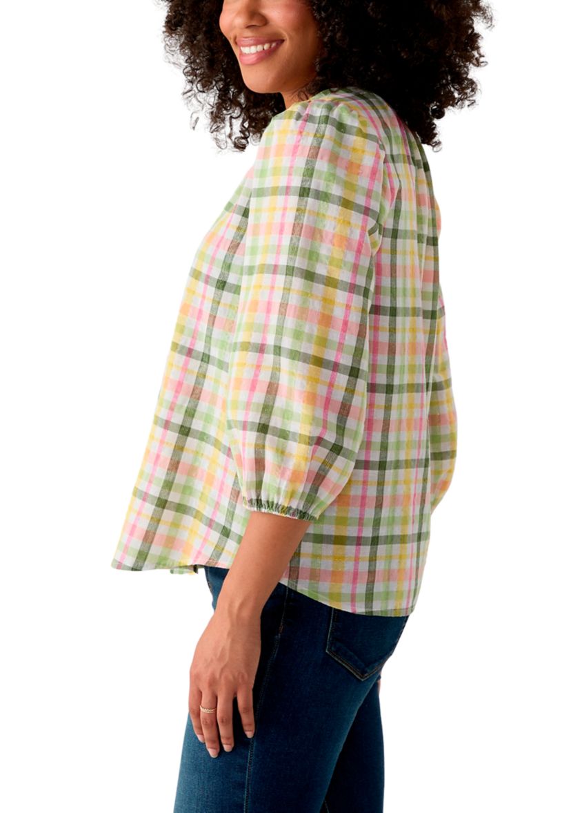 Womens 3/4 Sleeve Button Front Yarn Dyed Peasant Top