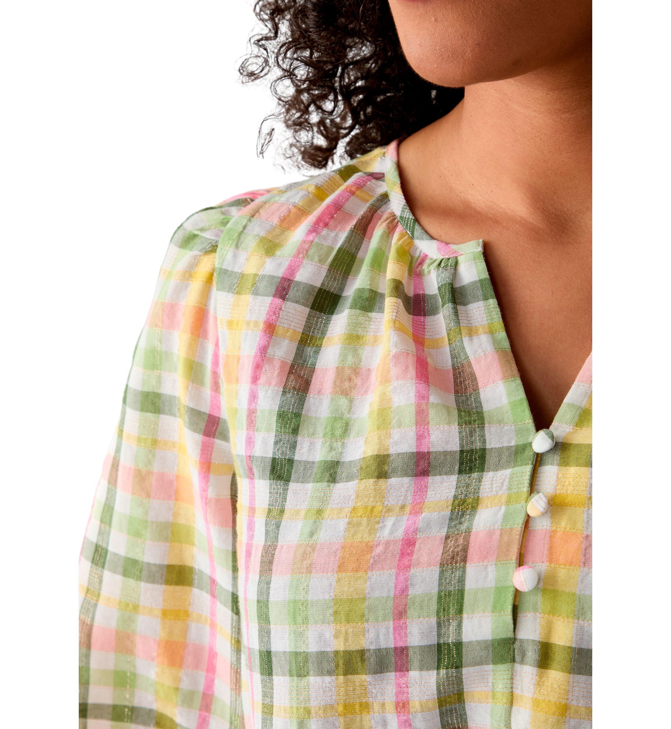 Womens 3/4 Sleeve Button Front Yarn Dyed Peasant Top