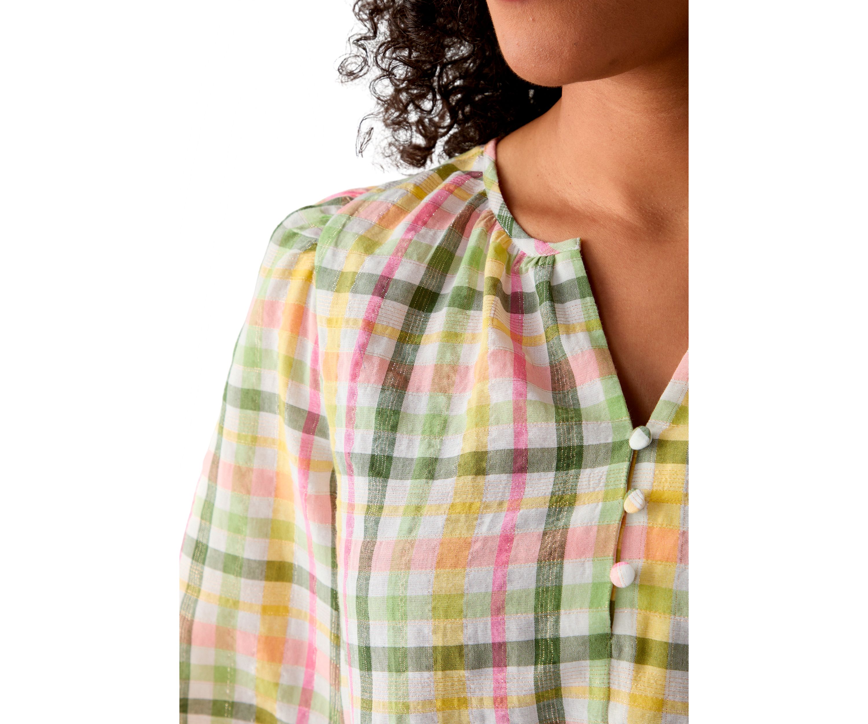 Womens 3/4 Sleeve Button Front Yarn Dyed Peasant Top