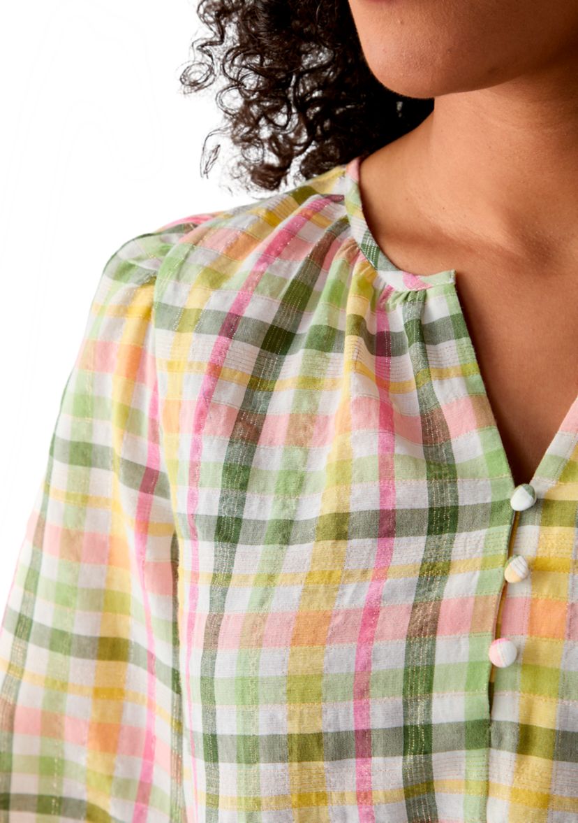 Womens 3/4 Sleeve Button Front Yarn Dyed Peasant Top