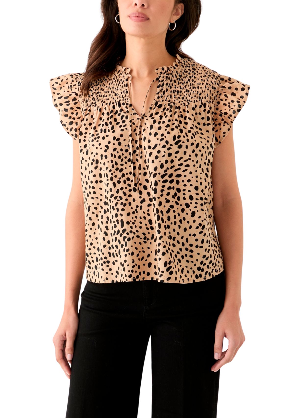 Womens Short Sleeve Split Neck Printed Top
