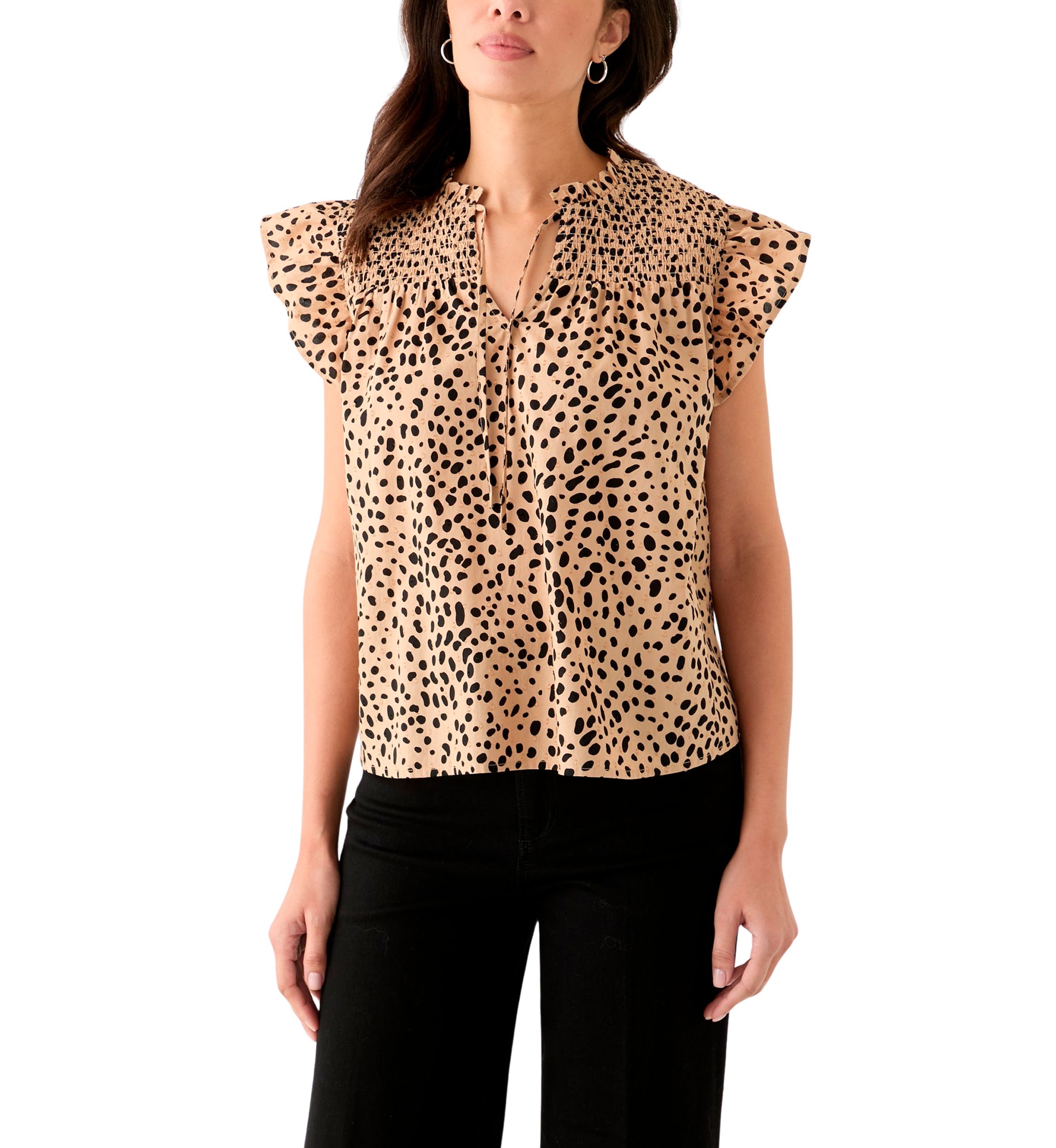 Womens Short Sleeve Split Neck Printed Top
